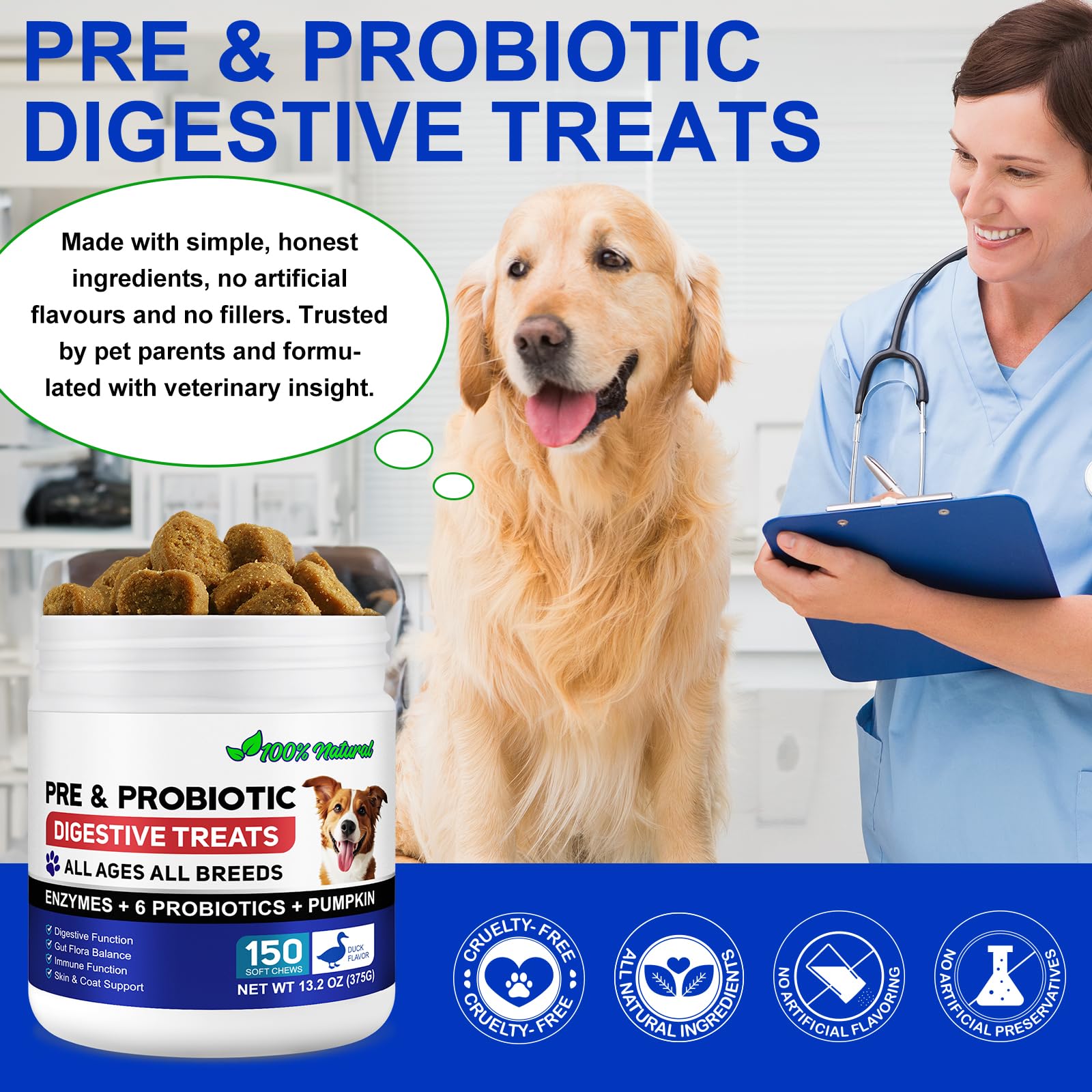 Probióticos para perros, 150 probióticos para la salud intestinal de los perros, pre y probióticos para el apoyo a la salud digestiva del perro, aumenta la salud intestinal y la inmunidad, sabor a