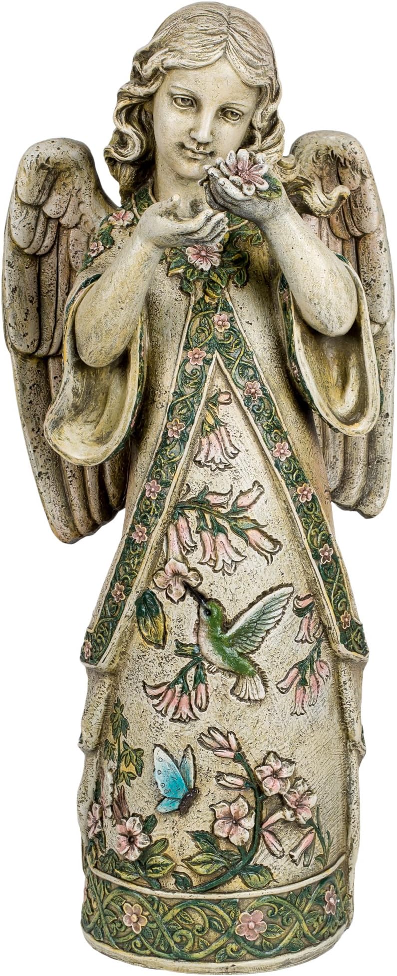 Roman Garden Collection Resin Angel Standing Wearing a Gown Embossed with Hummingbirds Garden Statue, 19-Inch