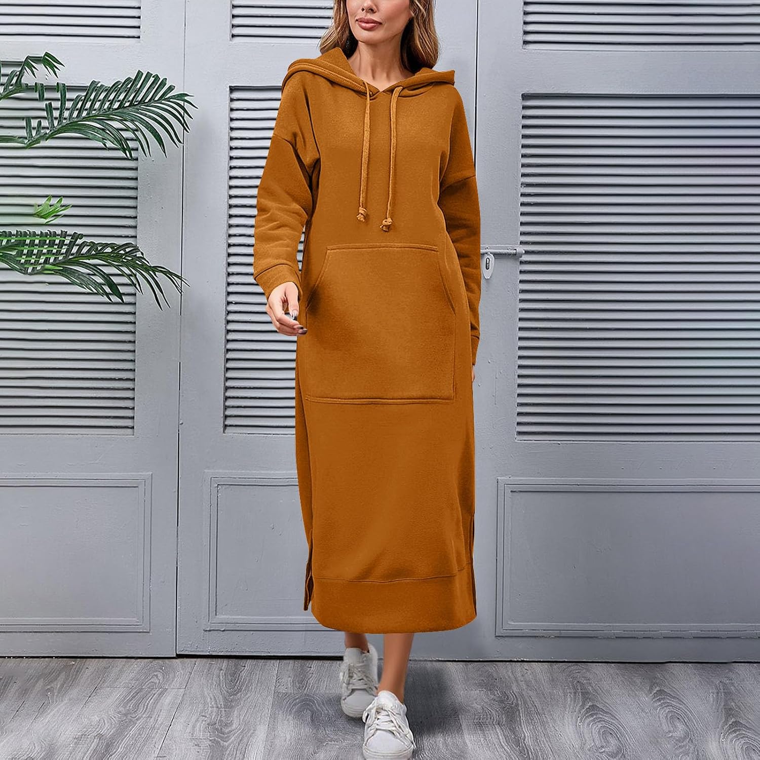 Womens Oversized Long Hoodie Dress Fall Outfits Drawstring Pullover Sweatshirt Dresses Winter Clothing with Pockets