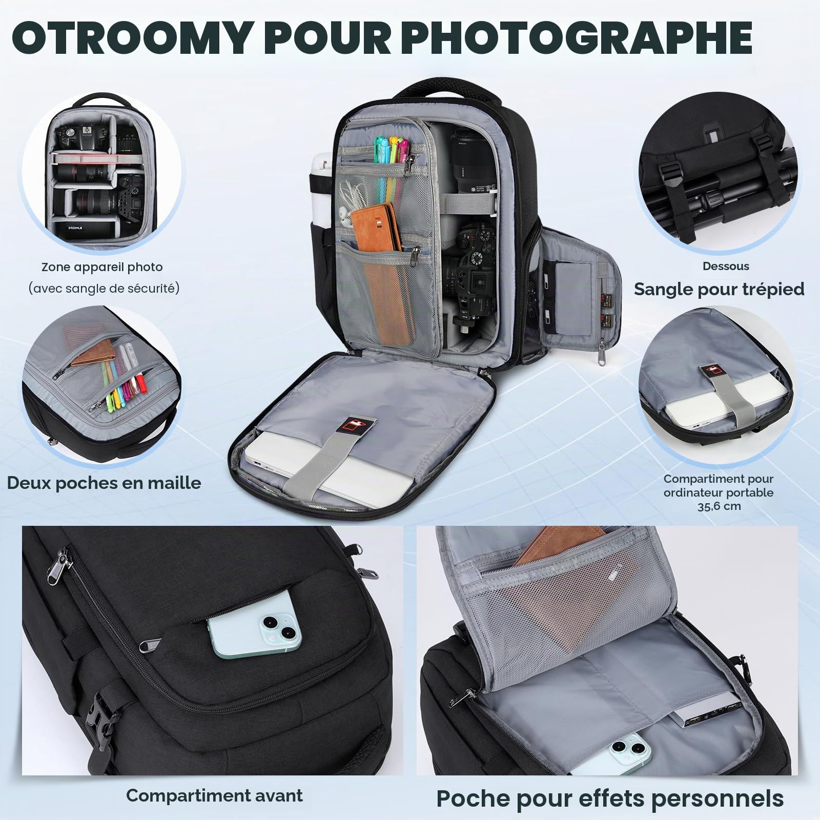 RAINSMORE Sac a Dos Photographe Sacoche Appareil Photo Professionnel Compartiment Ordinateur 14 Pouces Housse Pluie Sac Photo Reflex Numérique Compatible Canon Sony Noir