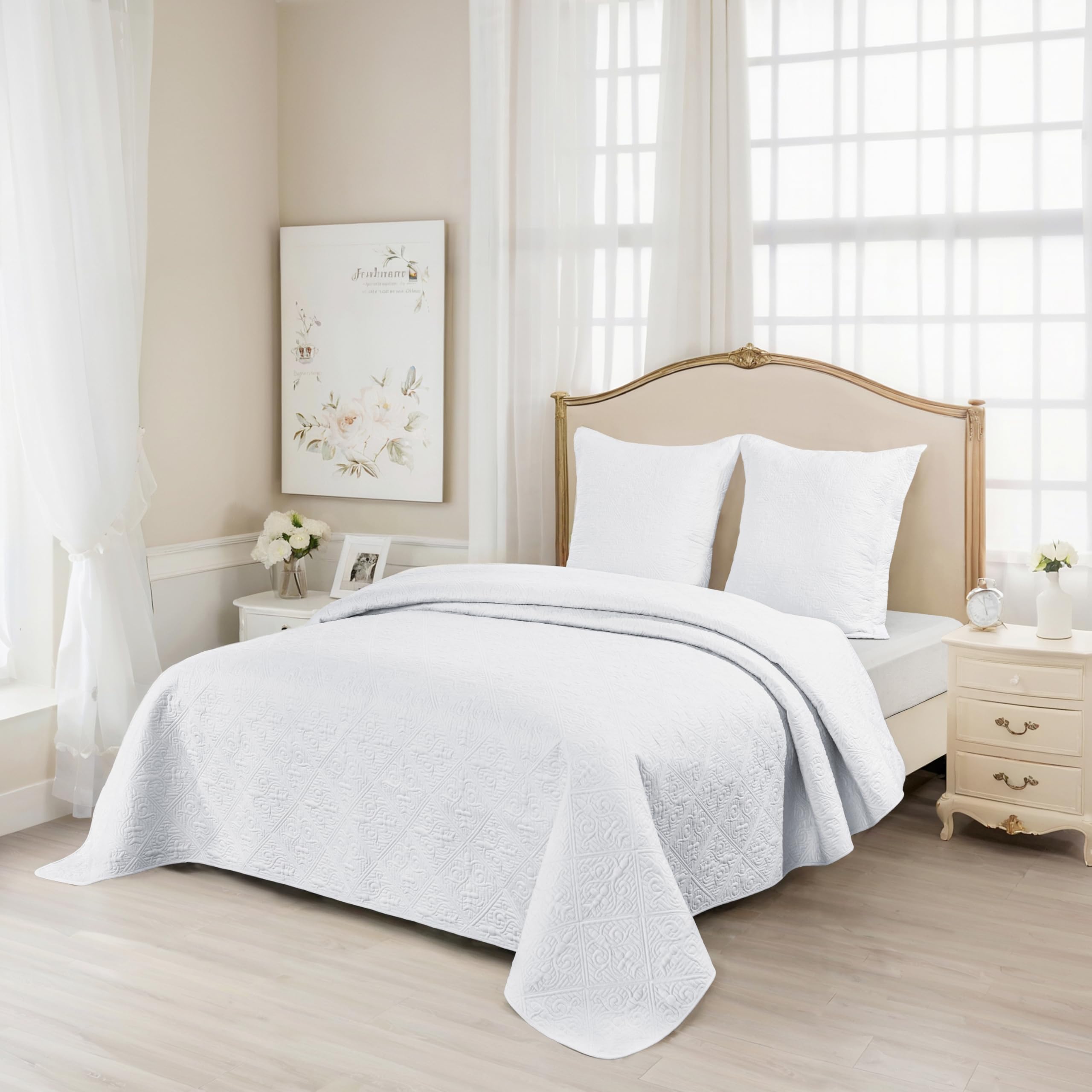 Couvre-lit Boutis De Luxe Fanny & Céline – Percale 100% Coton 230x250 Cm + 2 Taies 65x65 Cm – Gris