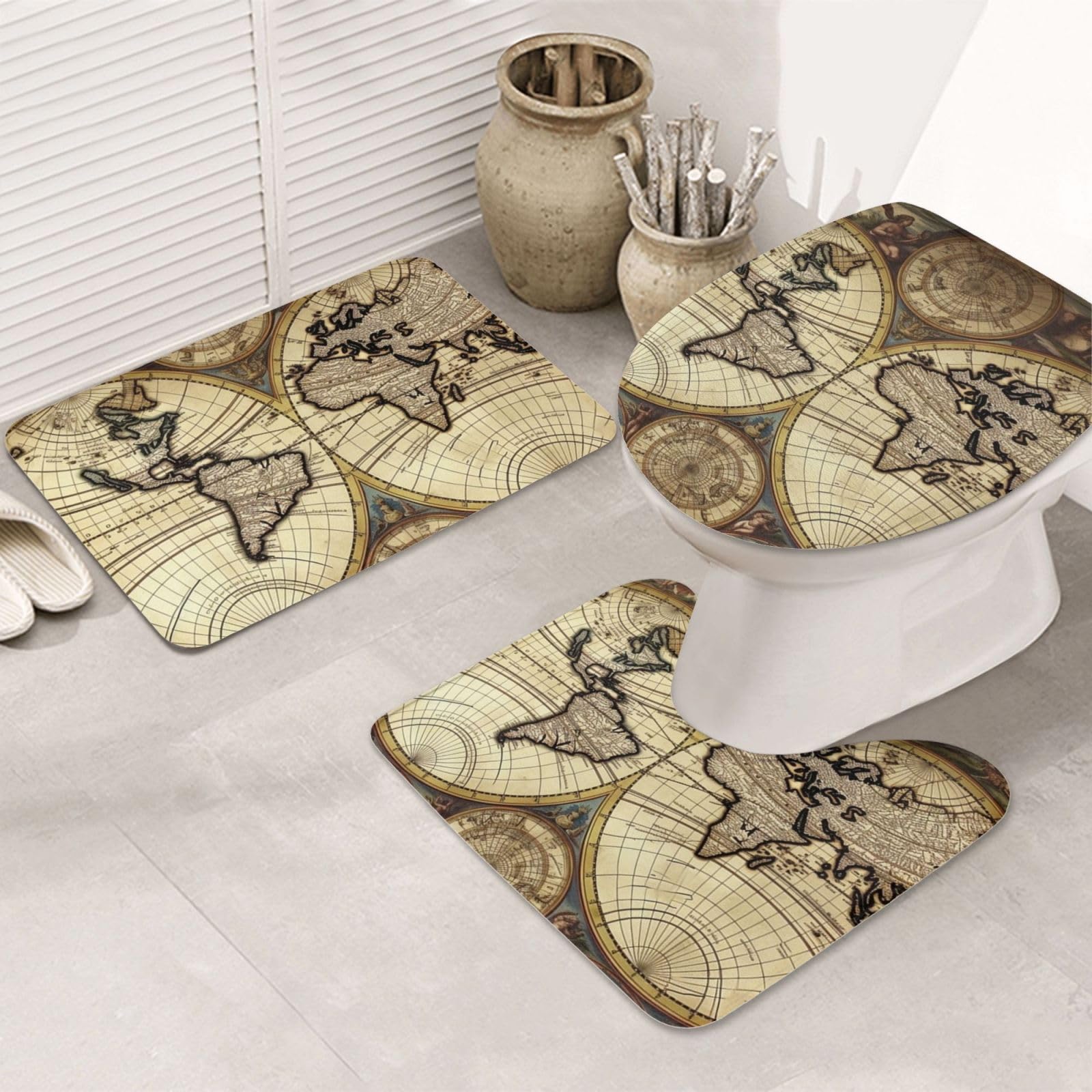 Tapis de bain antidérapant lot de 3 style rétro carte du monde pour une décoration de douche cosy