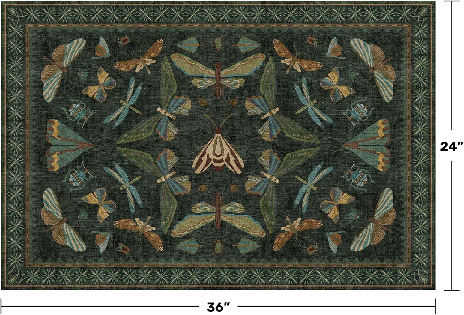 Hazo Haus 2x3 Entry Way Rugs Indoor - Dark Green Small Throw Rug for Kitchen, Bathroom, Insect Boho Design, Washable Non Slip Stain Resistant