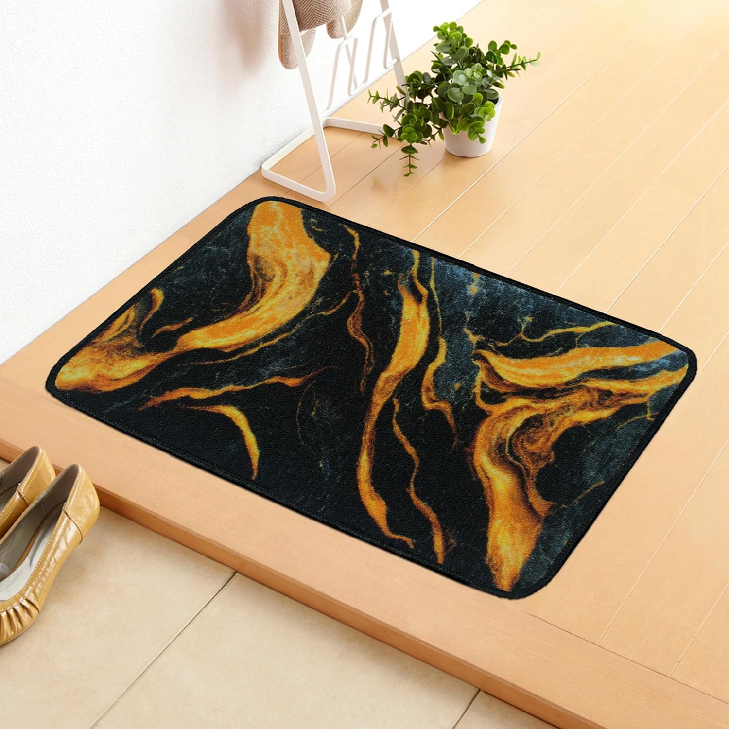 Story@Home Door Mat, Anti-Skid Nylon kitchen rugs, 37 x 57 cm, Black & Golden Abstract Design, Essential kitchen accessories items for home decor, bathroom & kitchen, Perfect home decor items for hall