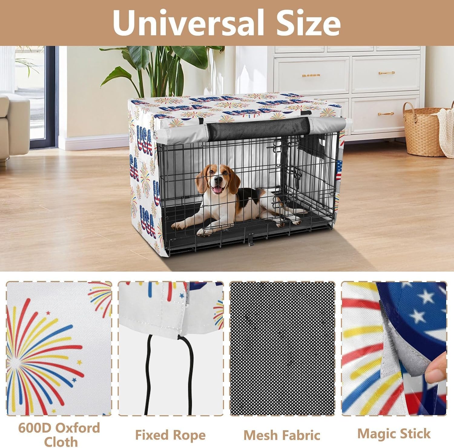 Duty 600D Silver Coated Dog Crate Cover, Water-Resistant Independence Day Elements Pet Kennel Canopy with Mesh Windows for Optimal Ventilation, Universal Fit for Standard Wire Cage, Indoor