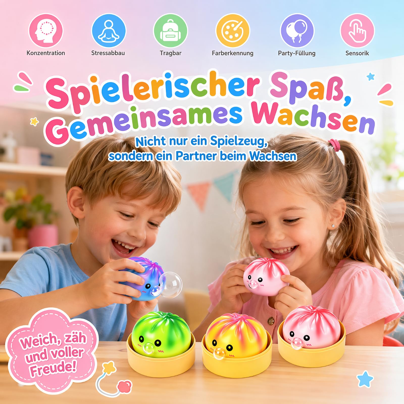 4 Stück Dumpling Squishy, Squishy Dumpling, Weiches Squeeze Stressball Fidget Toys, Mystery Squi-Shy Bun with Steamer Box Decompression Dough für Kinder Erwachsene Büro