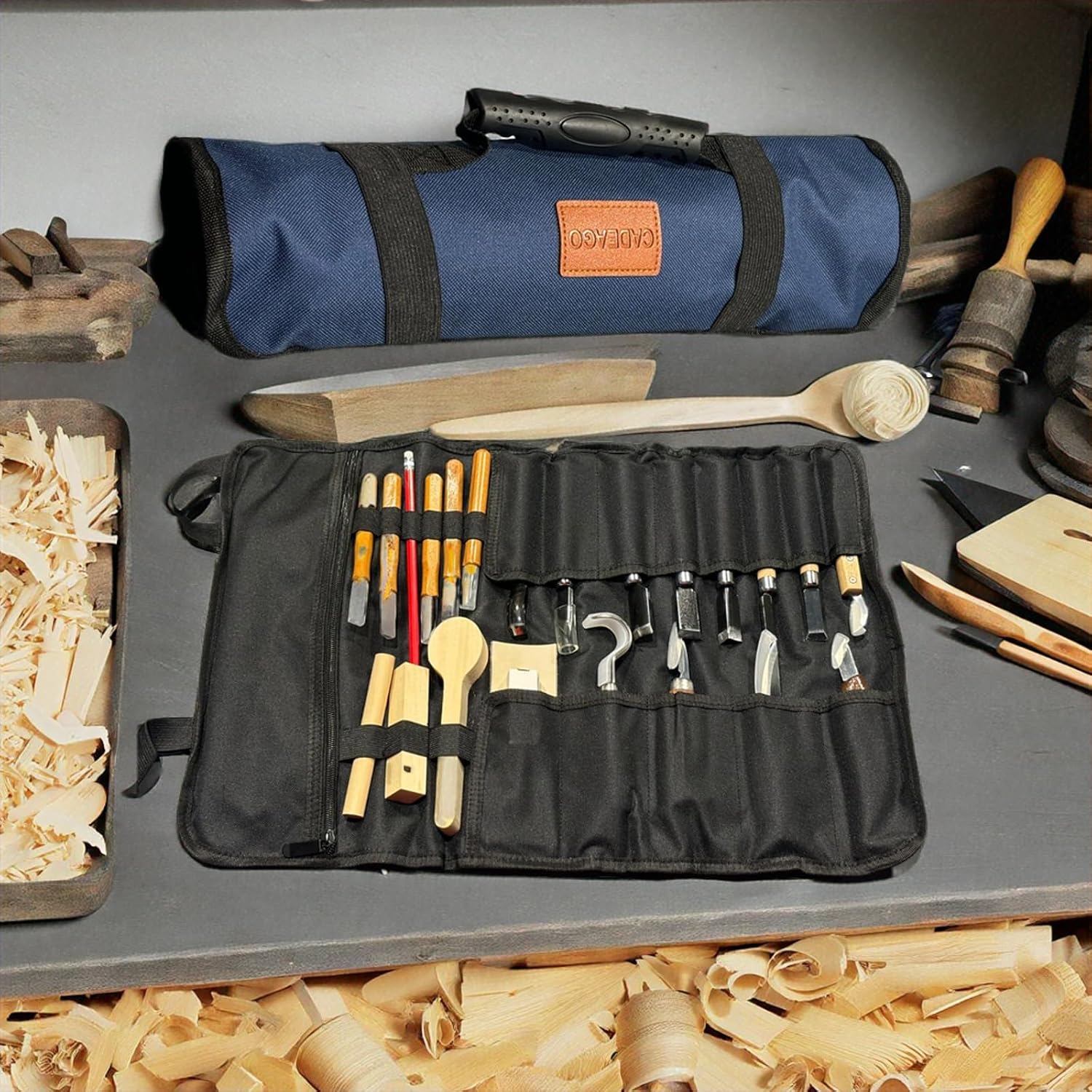 CADEAGO Wood Carving Tools, Complete Wood Carving Kit with Whittling Knives, Quality Blades, Ergonomic Handles, Compact Organizer, Protective Sheath, Wooden Blocks, Safe & Durable