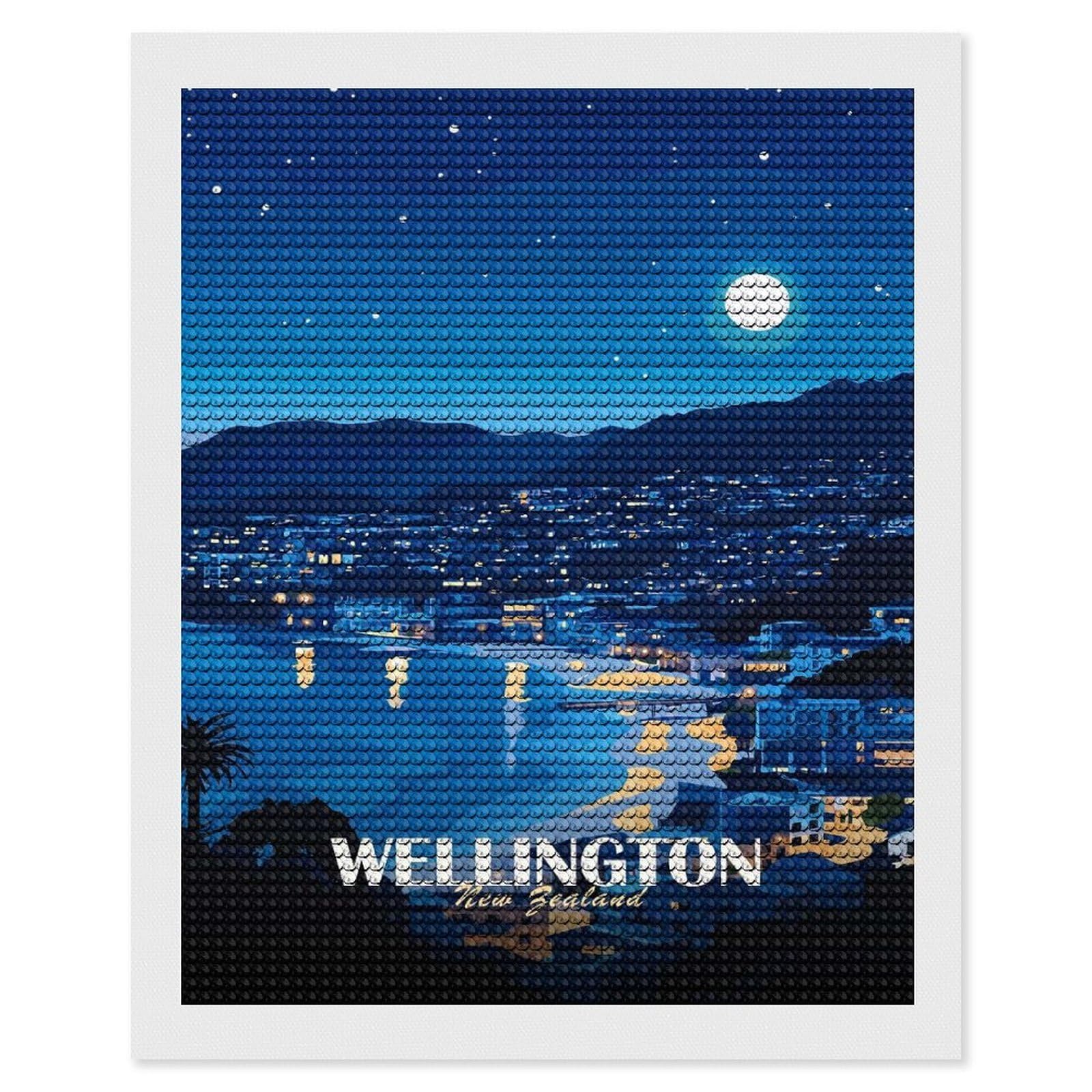 Junmoney Wellington New Zealand Night Cityscape Diamond Art Kit 16"x20", Vintage Style Decor, Stress Relief Craft, Decor Project, Relaxing DIY, Creative Hobby