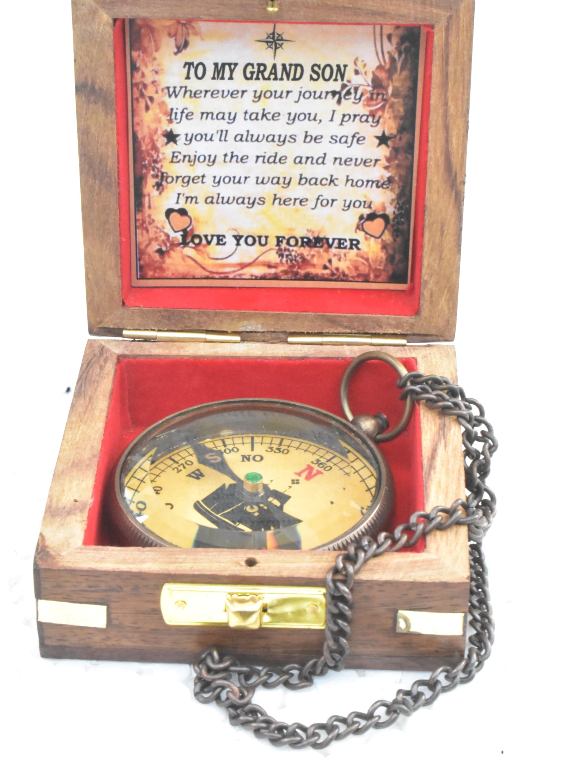 to My Grandson Compass with Wooden Box-Mom to Son Compass–Father to Son Gifts- to My Son -Graduation Day Gifts for Son-Birthday, Baptism, Graduation, Confirmation, Communion Compass for Women Men