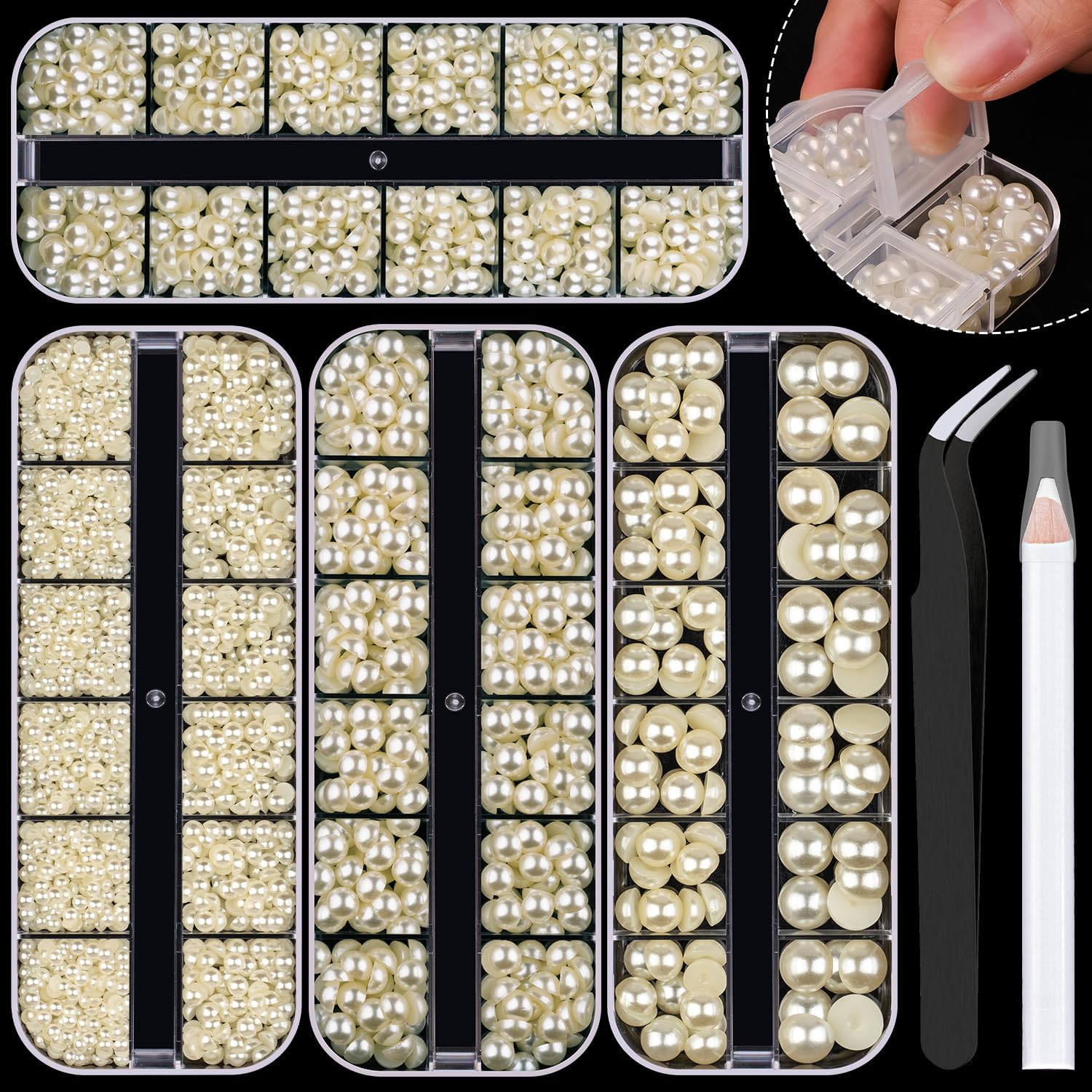 4 Boxes Flatback Pearls for Crafting, Flatback Beige Half Round Pearls 3-10mm with Pickup Pencil and Tweezer for Home DIY and Professional Nail Art, Face Makeup and Craft