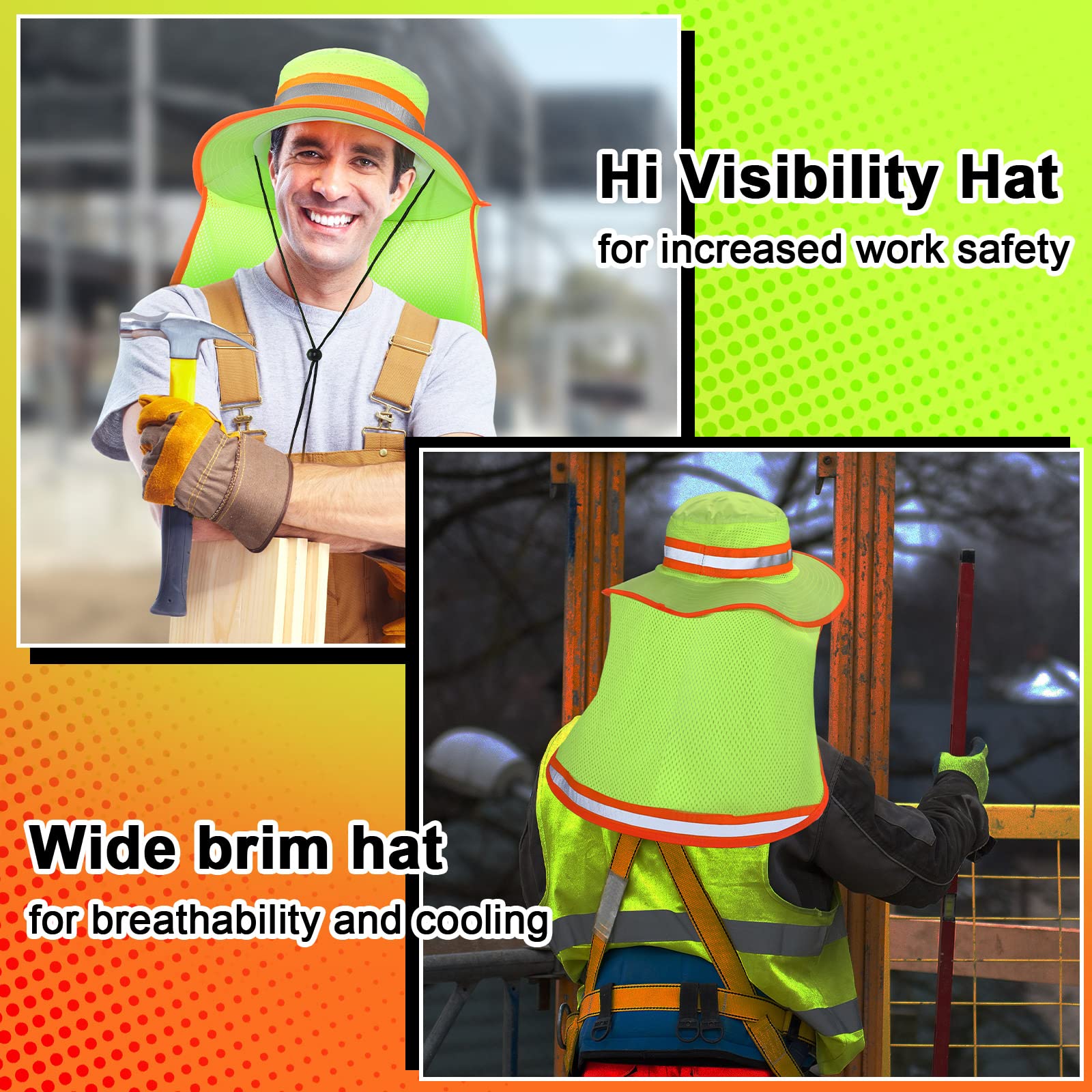 Jexine Cappello riflettente ad alta visibilità con patta per il collo, cappello da sole di sicurezza per gli uomini, cappello da pescatore boonie, 10 pezzi