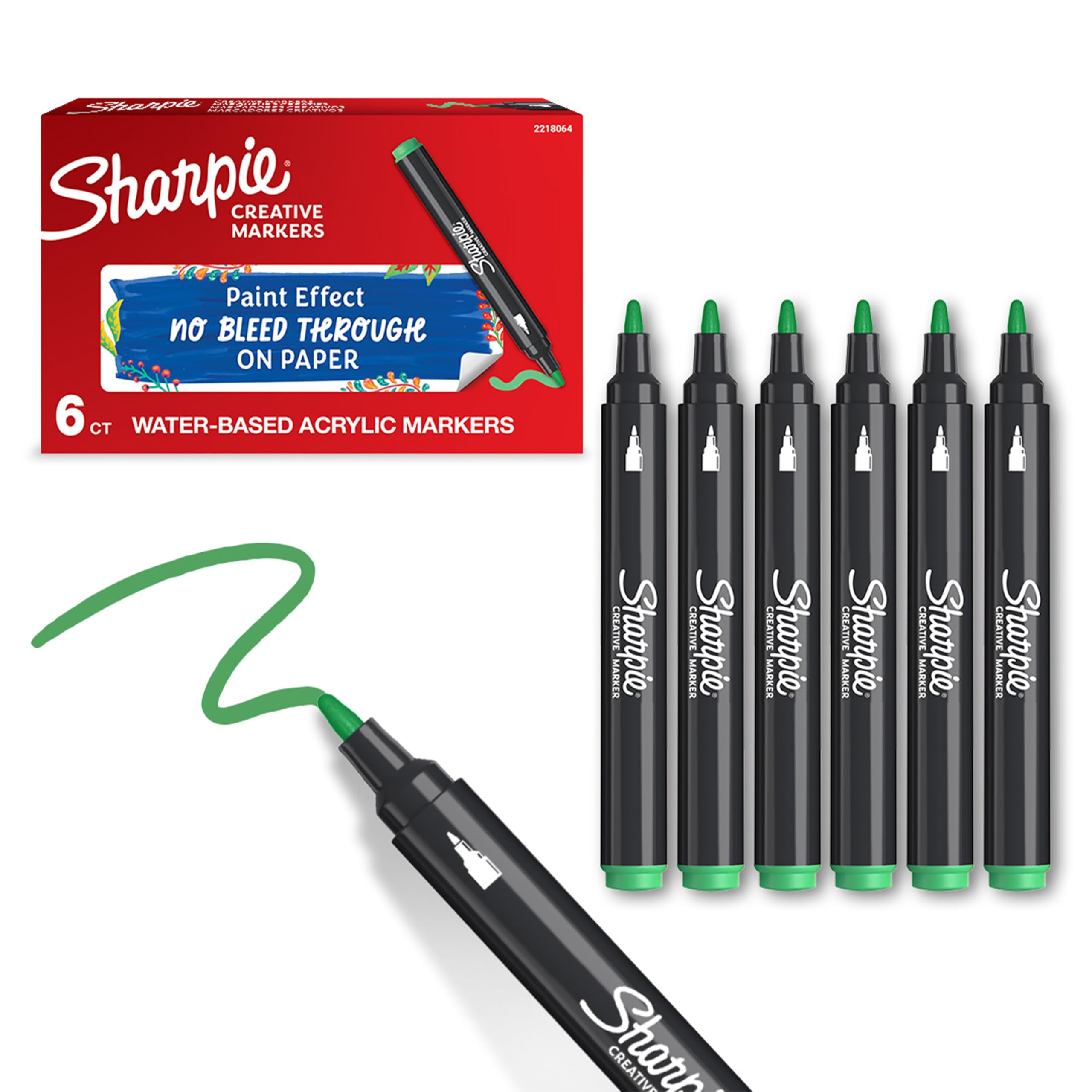 Sharpie Creative Marker Acrylic Paint Pens | Bullet Tip Water-Based Paint Markers | Green | No-Bleed Ink Writes on Most Surfaces | School & Revision Supplies | 6 Count