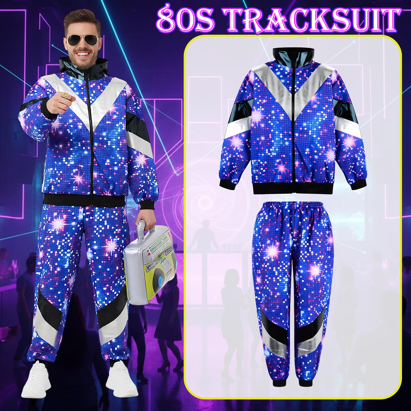 Disfraces Años 80 Hombre Mujer, Disfraz Chándal años 80 con Chaqueta Pantalón Riñonera Gafas Piloto Diadema Muñequeras y Radio, Disfraz Años 90 80 Chándal Retro para Rockstar Carnaval Fiesta