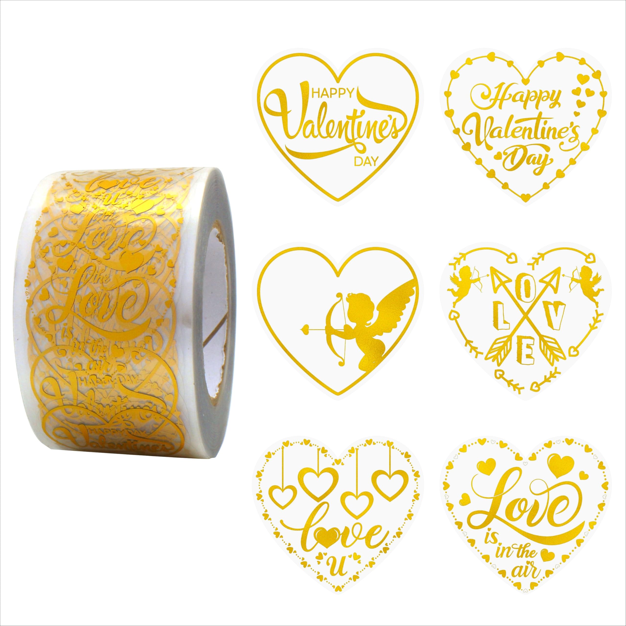 Masper Heart-Shaped Valentines Stickers, 3.8cm, 600 Sheets, 6 Transparent Gold Foil Shiny Designs, Valentine's Day Stickers for Valentines Decorations, Cards, Gifts, Crafts, Bags, Envelopes Sealing