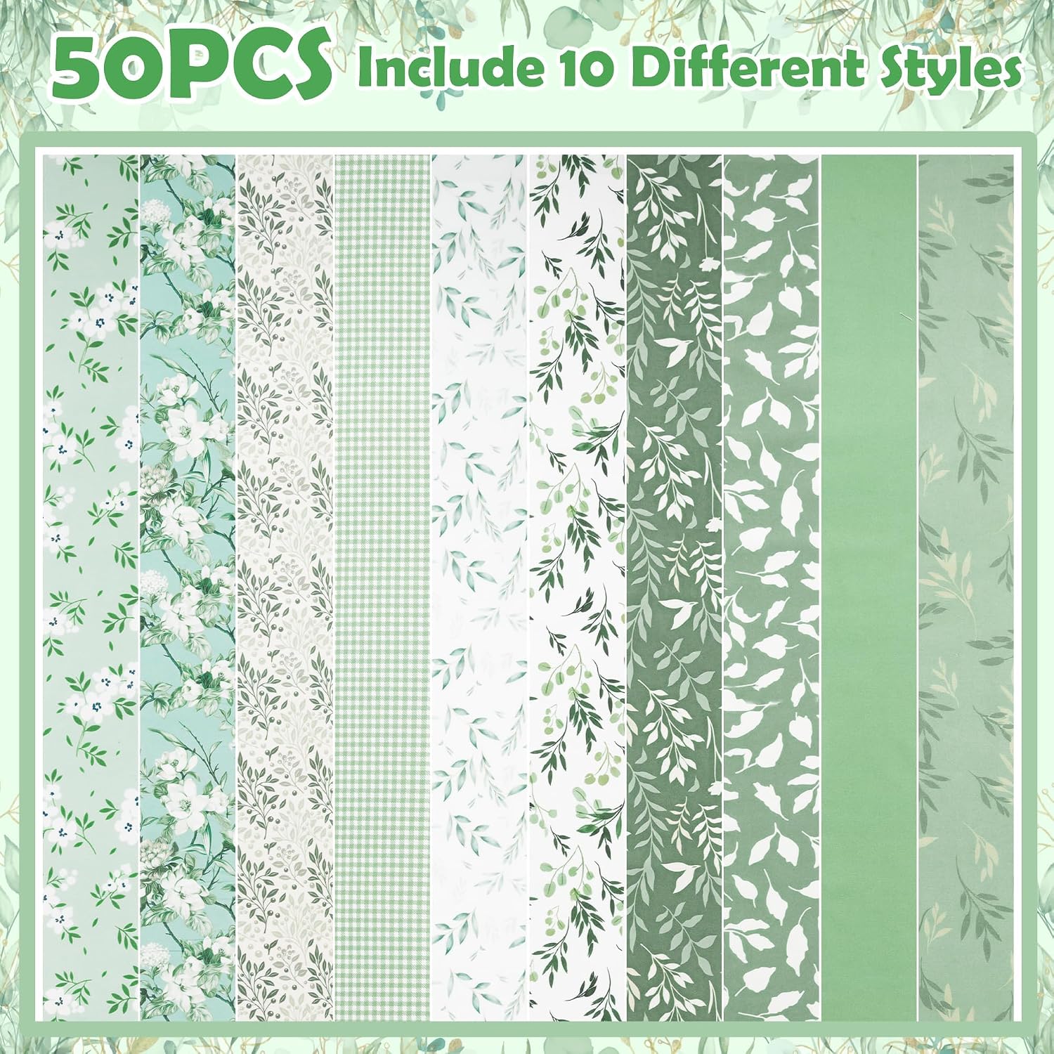 2.5-inch Roll Fabric Strips - 50PCS Cotton Sage Green Floral Forest Quilting Fabric, Spring Greenery Leaves Craft Quilts Cloth Rolled Strips, Precut Assortment Patchwork for Sewing (39" × 2.5")