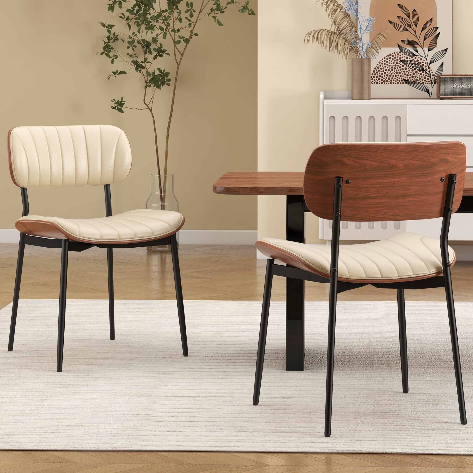 mid century modern dining chairs set of 2,upholstered faux leather kitchen chairs with walnut bentwood back and metal legs for kitchen dining room living room, beige