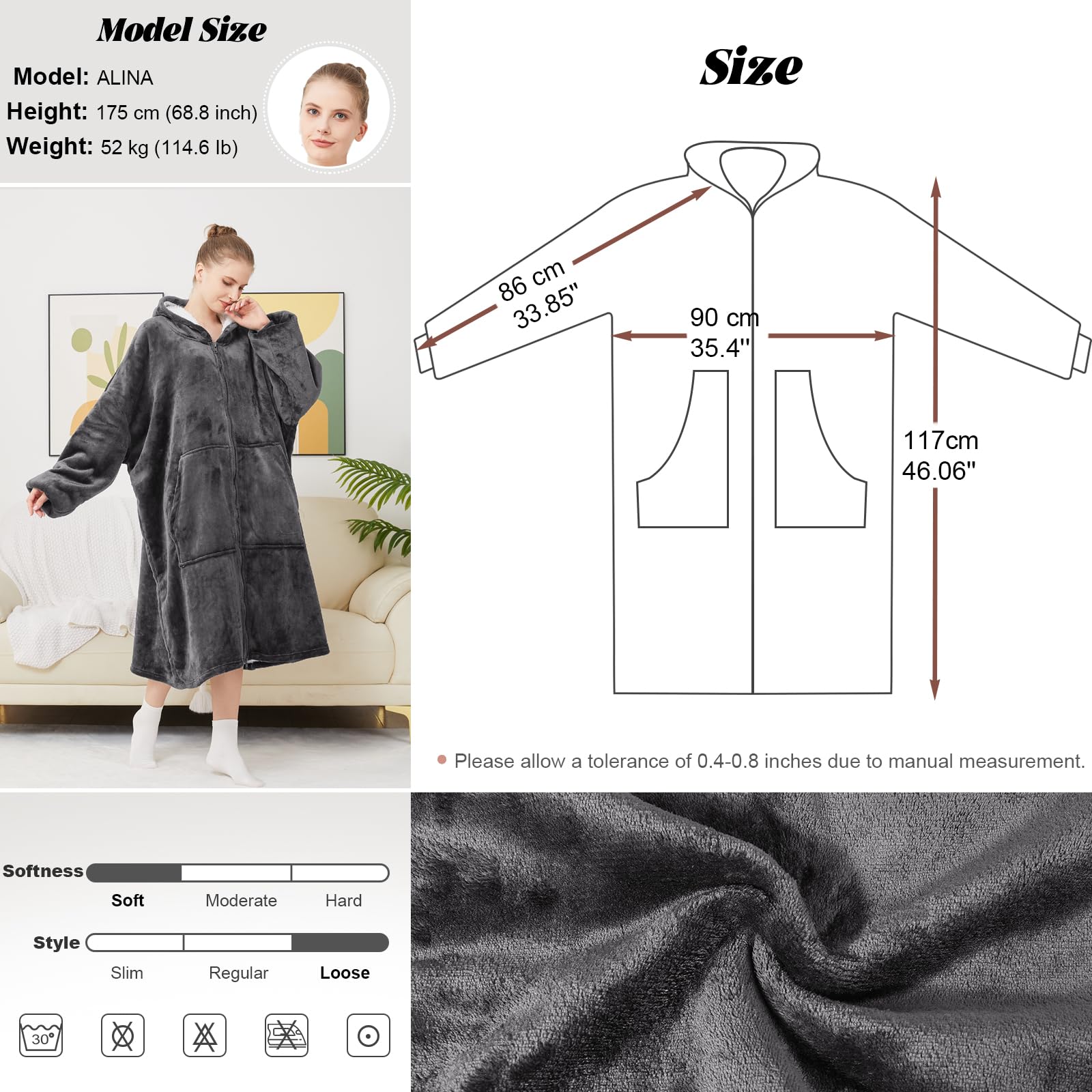 Sudadera con Capucha Manta Usable para Mujeres Hombre Sherpa Sudadera de Gran Tamaño Mantas con Mangas Bolsillo para Adultos Gris oscuro