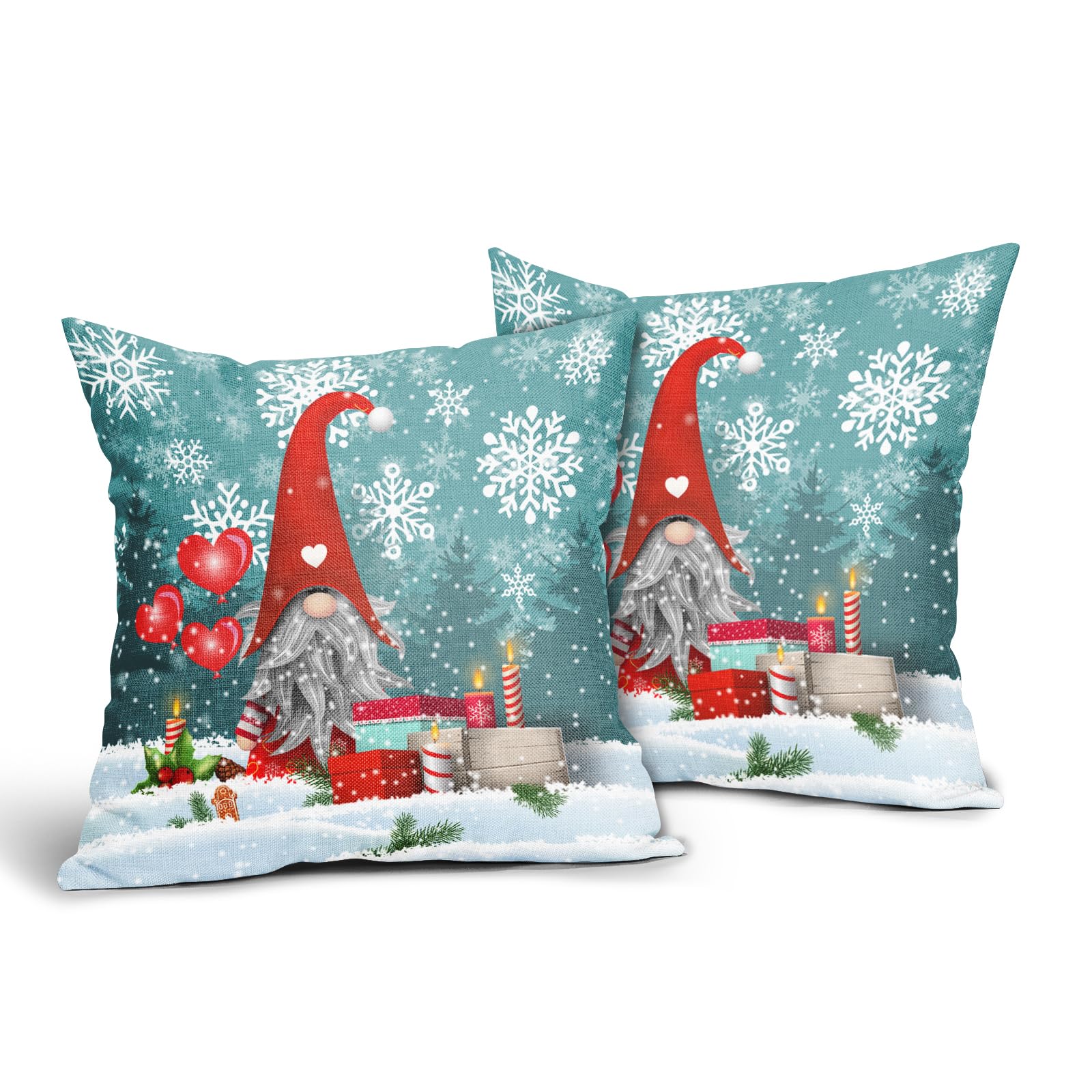 Evlaschin Winter Gnome Pillow Covers Set of 2 Christmas Elf Candles Xmas Trees Snowflakes Throw Pillowcases Cotton Linen 16x16 Inches Cuchion Covers