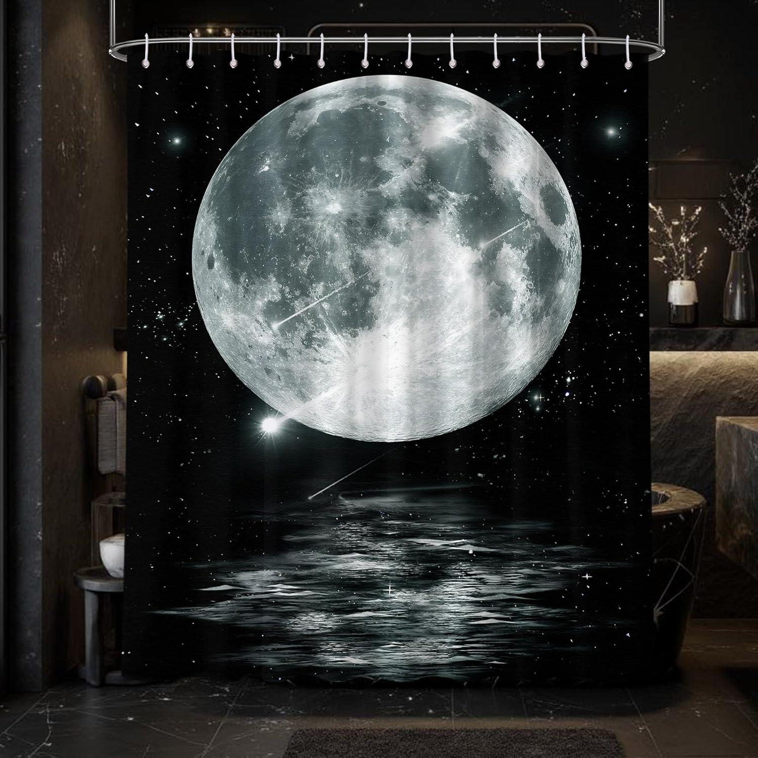 Moon Shower Curtain Starry Night Moon and Stars Galaxy Scenic Shower Curtain for Black and White Bathroom Decor Sets, Waterproof Cloth Fabric with Hooks, 72x84 Inch