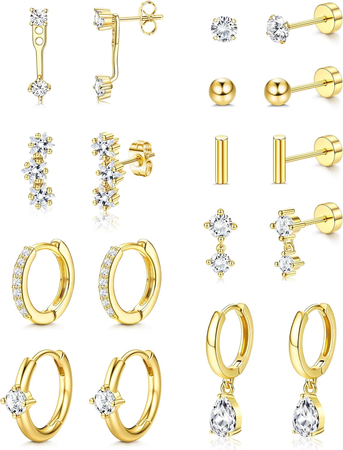 Hypoallergenic Stud Hoop Silver 14K Gold Plated Earrings Stacks - 9 Pairs Surgical Stainless Steel Earring Set for Sensitive Ears - Small Ear Piercing Flat Back Cartilage Earrings for Women Trendy Gifts - Image 7