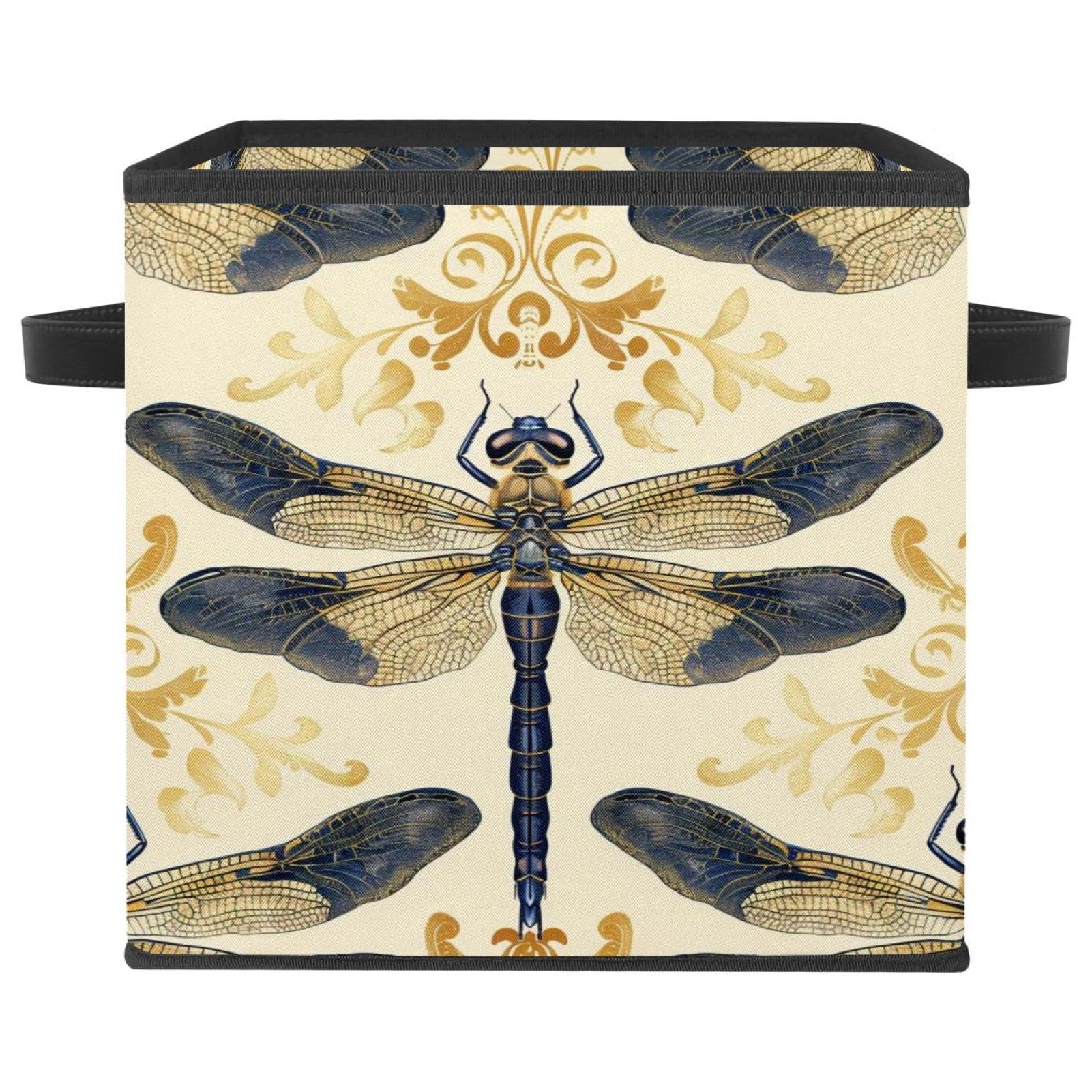 Boîte de rangement libellule bleue et dorée 27,9 cm en tissu Oxford pour étagère