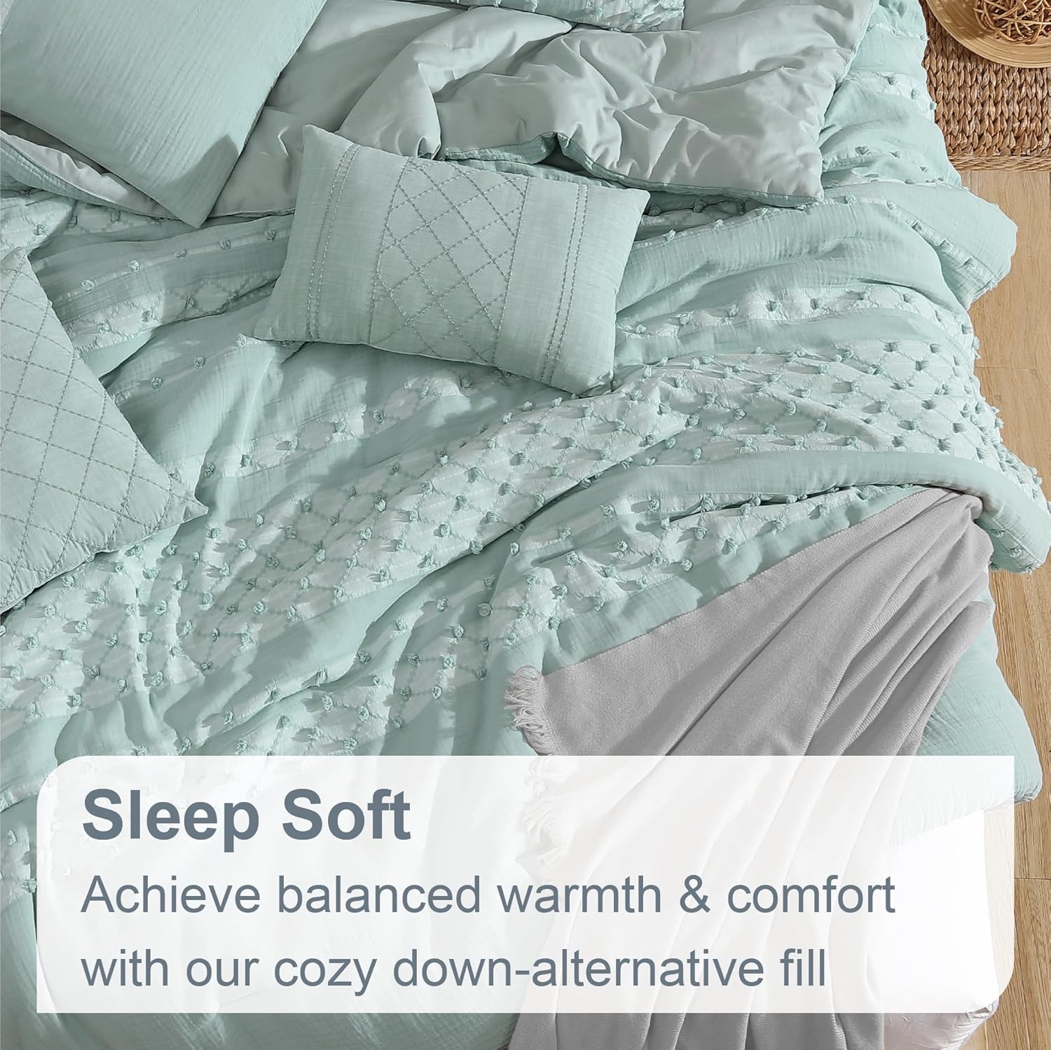 Swift Home Layla 100% Cotton Washed Clip Jacquard Gauze 5-Piece Bedding Comforter Set, All Season & Breathable, Oeko-TEX Certified – Pistachio, Full/Queen