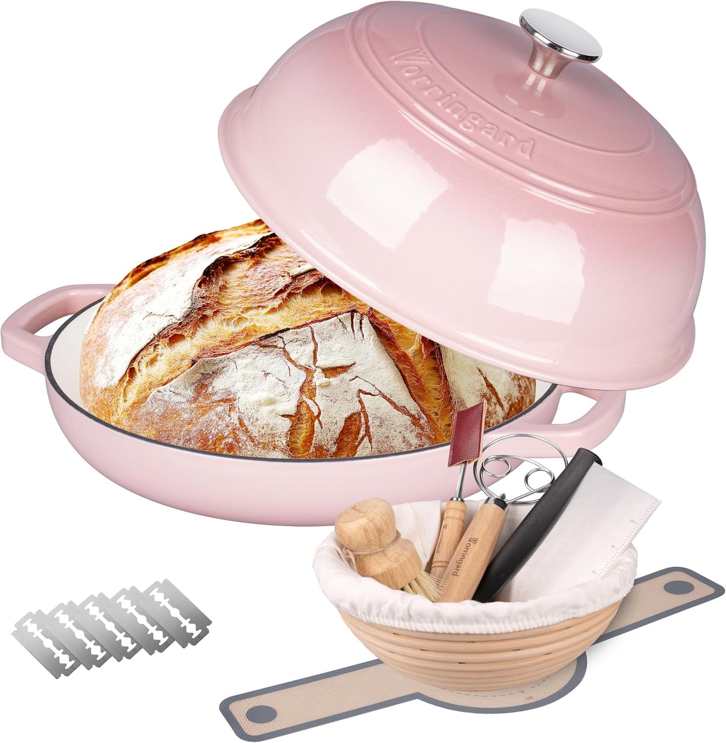 Enameled Cast Iron Dutch Oven Pot with Lid, Bread Oven for Sourdough Bread Baking, Dutch Ovens with Bread Proofing Basket& Baking Supplies Set, 6 Quart, Pink