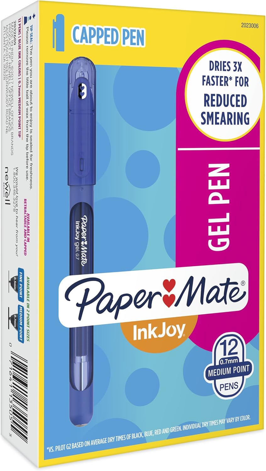 PAPER MATE InkJoy Gel Pens, Medium Point (0.7mm), Dark Blue, Capped, 12
