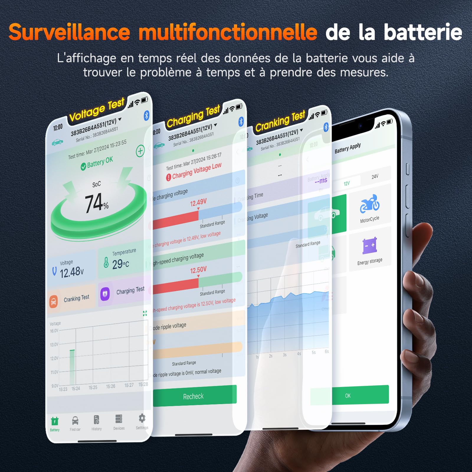 (Upgraded BM200) ANCEL BM300PRO Moniteur de Batterie 6V 12V 24V, Bluetooth 5.3 Battery Monitor de voiture avec test de charge, de système de démarrage & alarme, IP67 étanche pour camion moto bateau