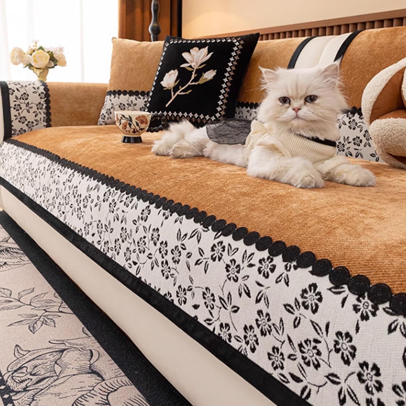 Housse de canapé tissu chenille orange pour protection meuble sectionnel 3 places salon