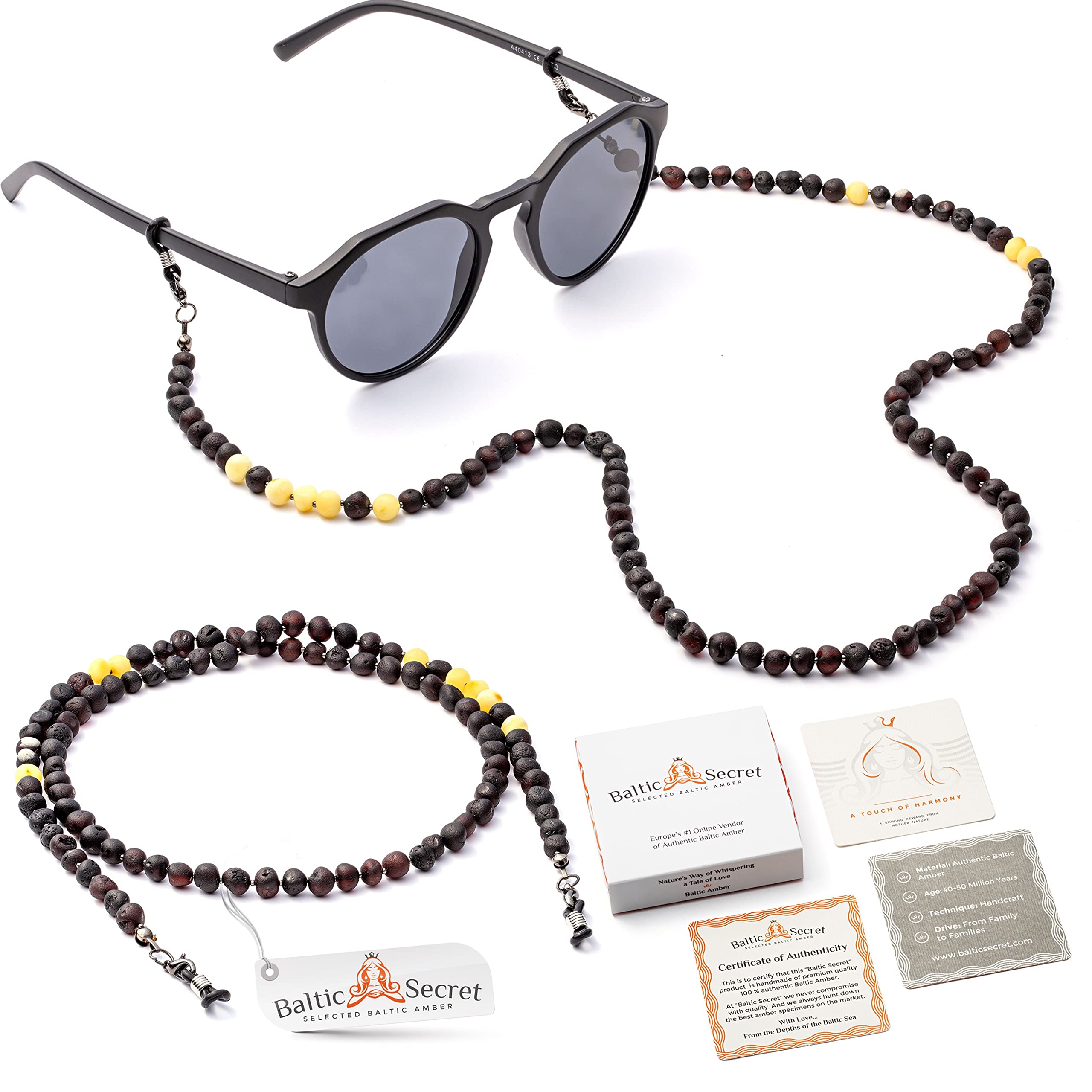 Brillenkette Brillenkette Sonnenbrille Bernstein Halskette Damen Brillenketten & Lanyards Brillenkordel Halsband Maskenhalter Herren Accessoires Baltischer Bernstein Armband Gr. 90, Schwarzer Honig
