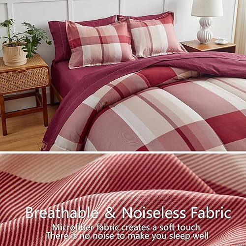 Miniatura 5 de AIKASY Bed in a Bag - Juego de edredón reversible de microfibra suave de 7 piezas, diseño de cuadros rojos, para todas las estaciones (1 edredón, 2