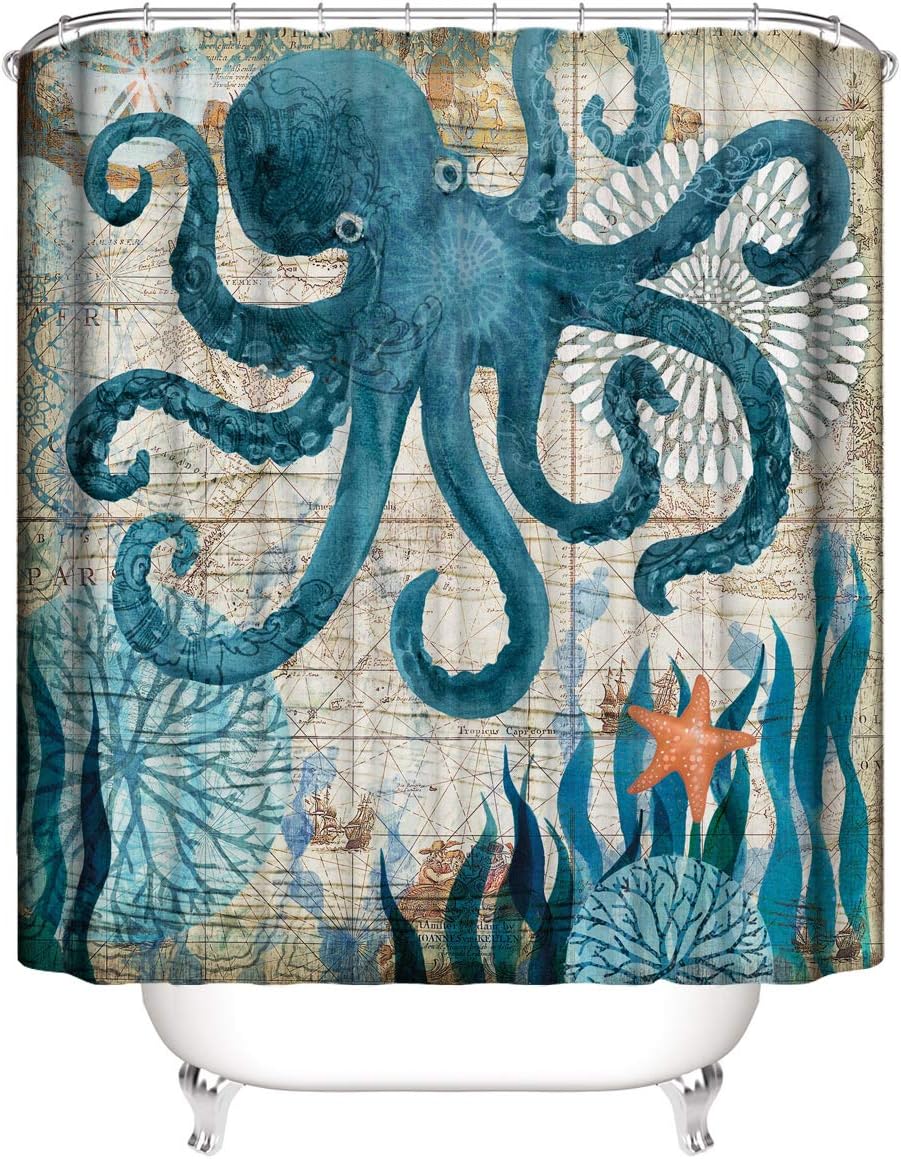 MuuyiOctopus Shower Curtain Kraken Shower Curtain - Funny Shower Curtains for Bathroom - Octopus with Ship Sail Old Boat in Ocean Waves, Cloth Fabric Bathroom Decor Set with Hooks, 72 x 72 Inches