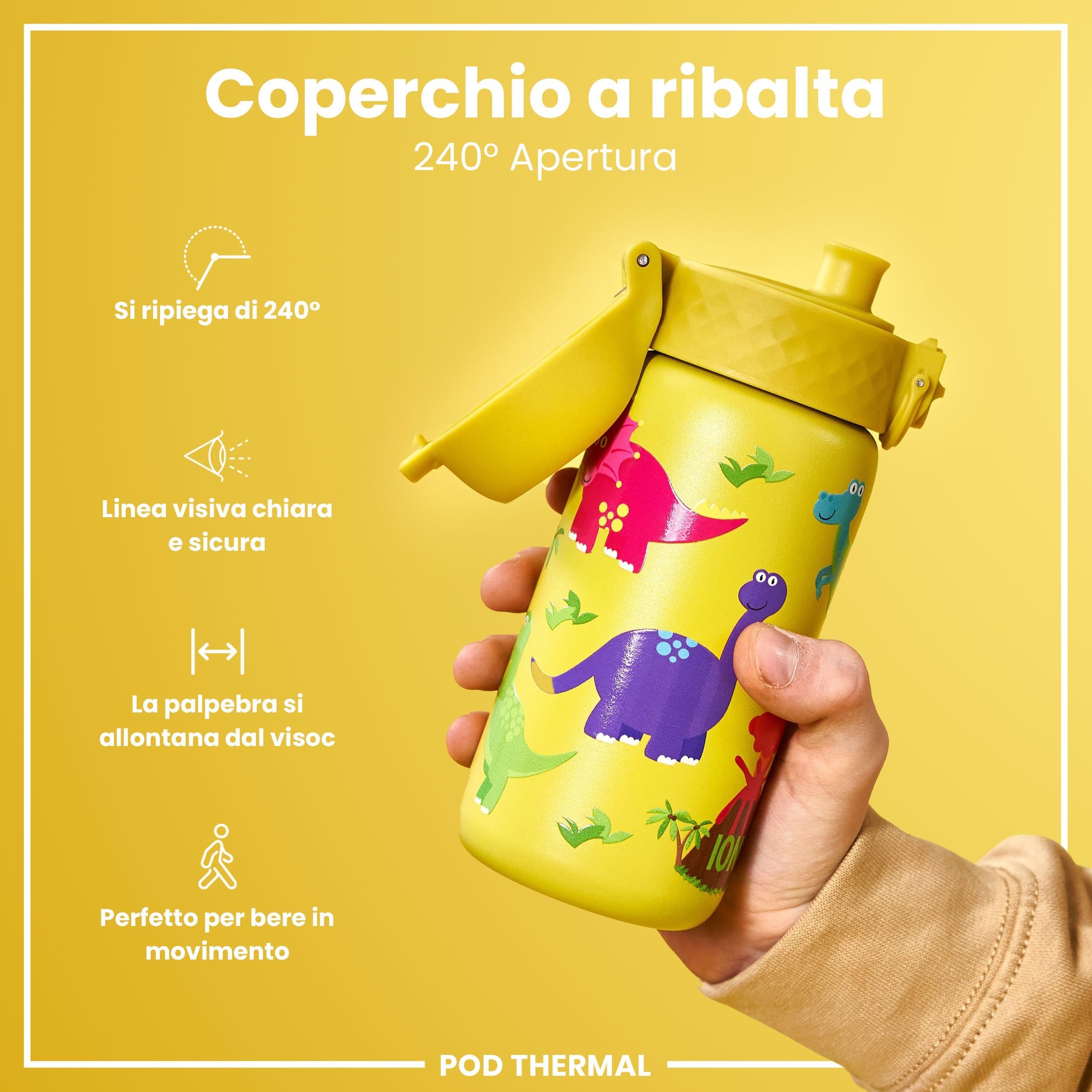 Ion8 Borraccia Termica in Acciaio Isolato, 320ml, a Prova di Perdite, Facile da Aprire, Serratura Sicura, Lavabile in Lavastoviglie, Maniglia per il Trasporto, Facile Pulizia, Dinosauri