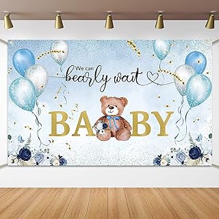 We Can Bearly Wait Baby Shower Decoration Sky Blue Balloons Teddy Bear Backdrop Banner for Baby Shower Boy Photography Background Baby Shower Decoration for Photo Booth Props