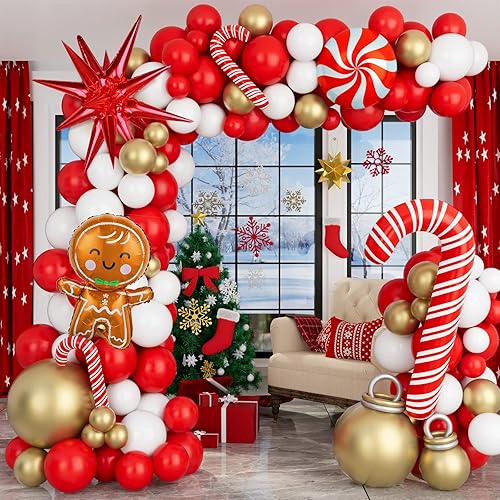 Christmas Balloon Garland Arch Kit Xmas Holiday Balloons with Red White Golden Balloons Candy Foil Balloons Candy Cane Balloons Red Starburst
