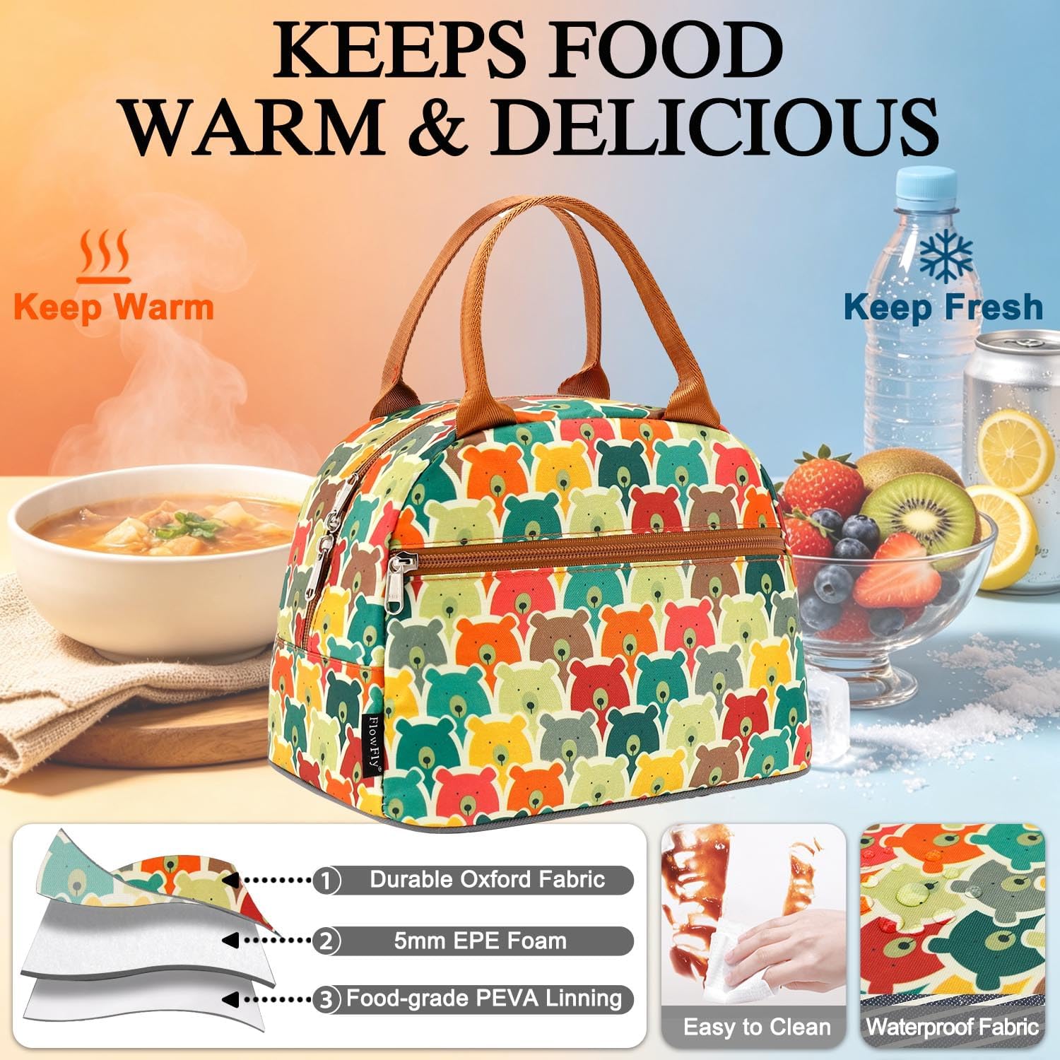 FlowFly Insulated Lunch Cooler Bag - Tote Bag Organizer for Women/Men, Bear image 4