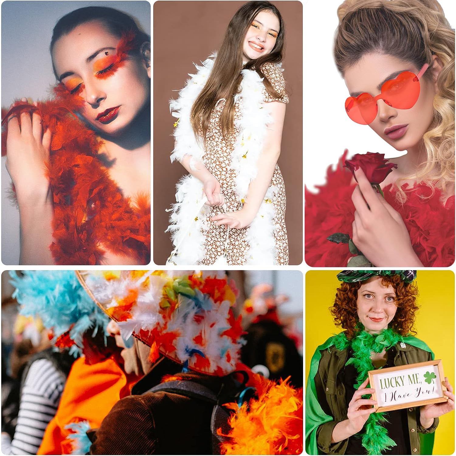 Lot de 8 boas à plumes colorées avec 8 lunettes de soleil en forme de cœur sans monture - 2 m - Pour femme - Pour danse, mariage, fête d'Halloween, Lot de 8, 6.6ft/2m
