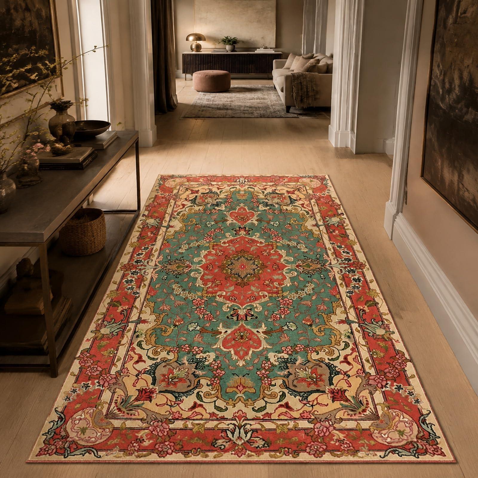 Tapis de salon vintage vert et rouge 200x300 cm | Grande moquette décorative pour chambre adulte
