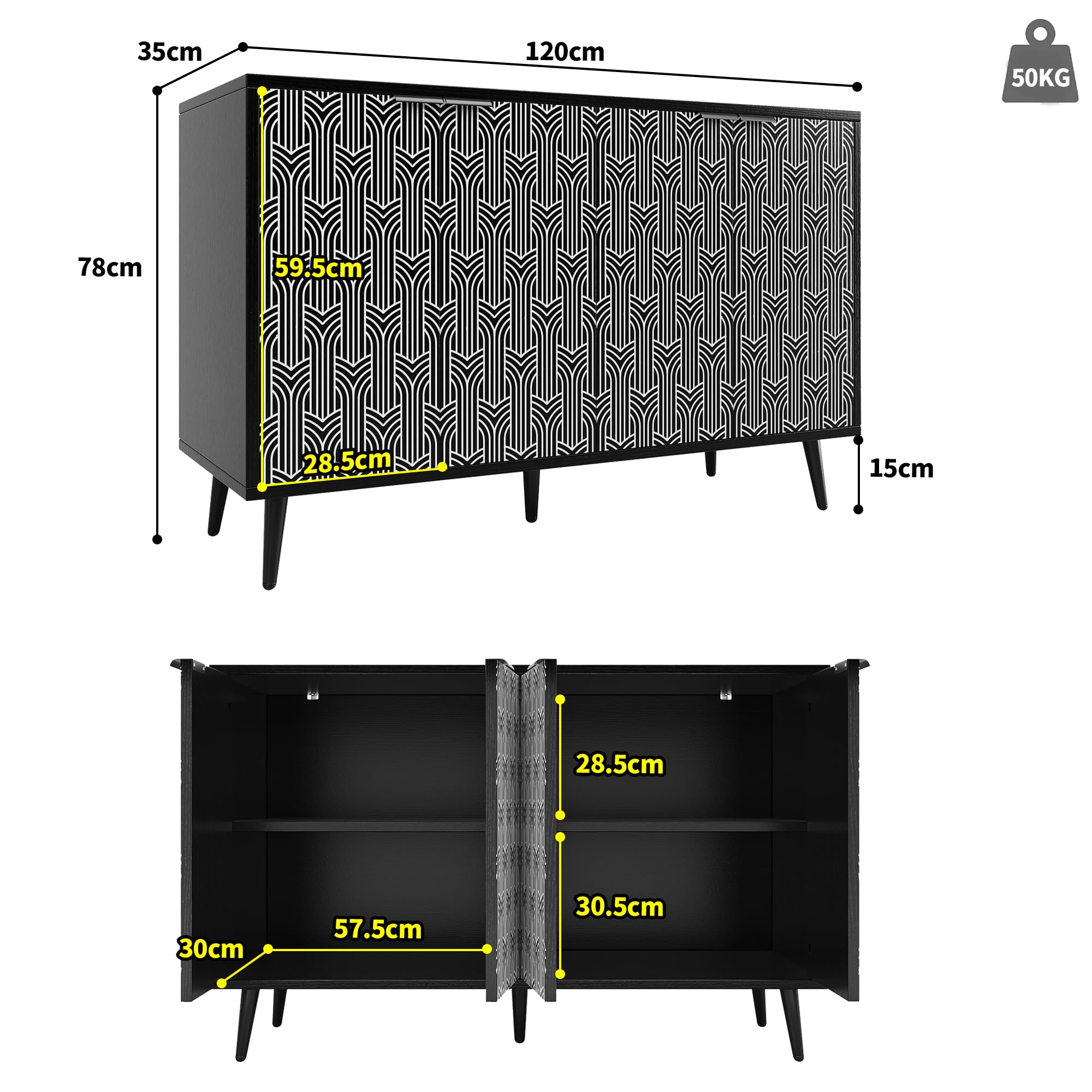 Credenza 120 Cm Nera Con Ante Geometriche Incise E Ripiani Interni Regolabili, Credenza Cucina Salvaspazio In MDF Con Piedini In Metallo, Buffet Funzionale Per Cucina Soggiorno Sala Da Pranzo