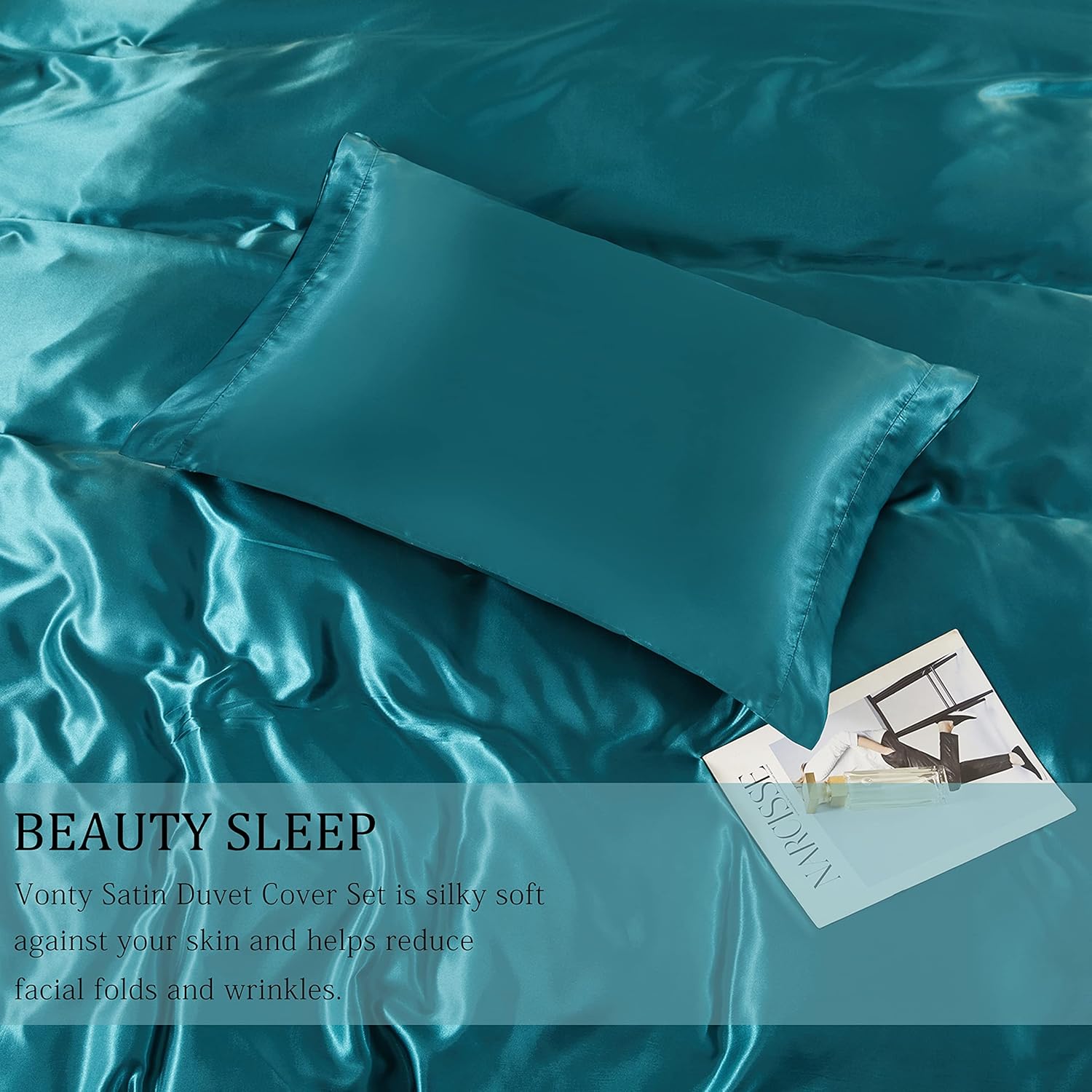 Vonty 3-Piece Silky Satin Duvet Cover Set King Size Duvet Cover, Organic Natural 400TC Teal Duvet Cover Set - Luxury & Sexy Bedding Duvet Covers with Zipper Closure(No Comforter)