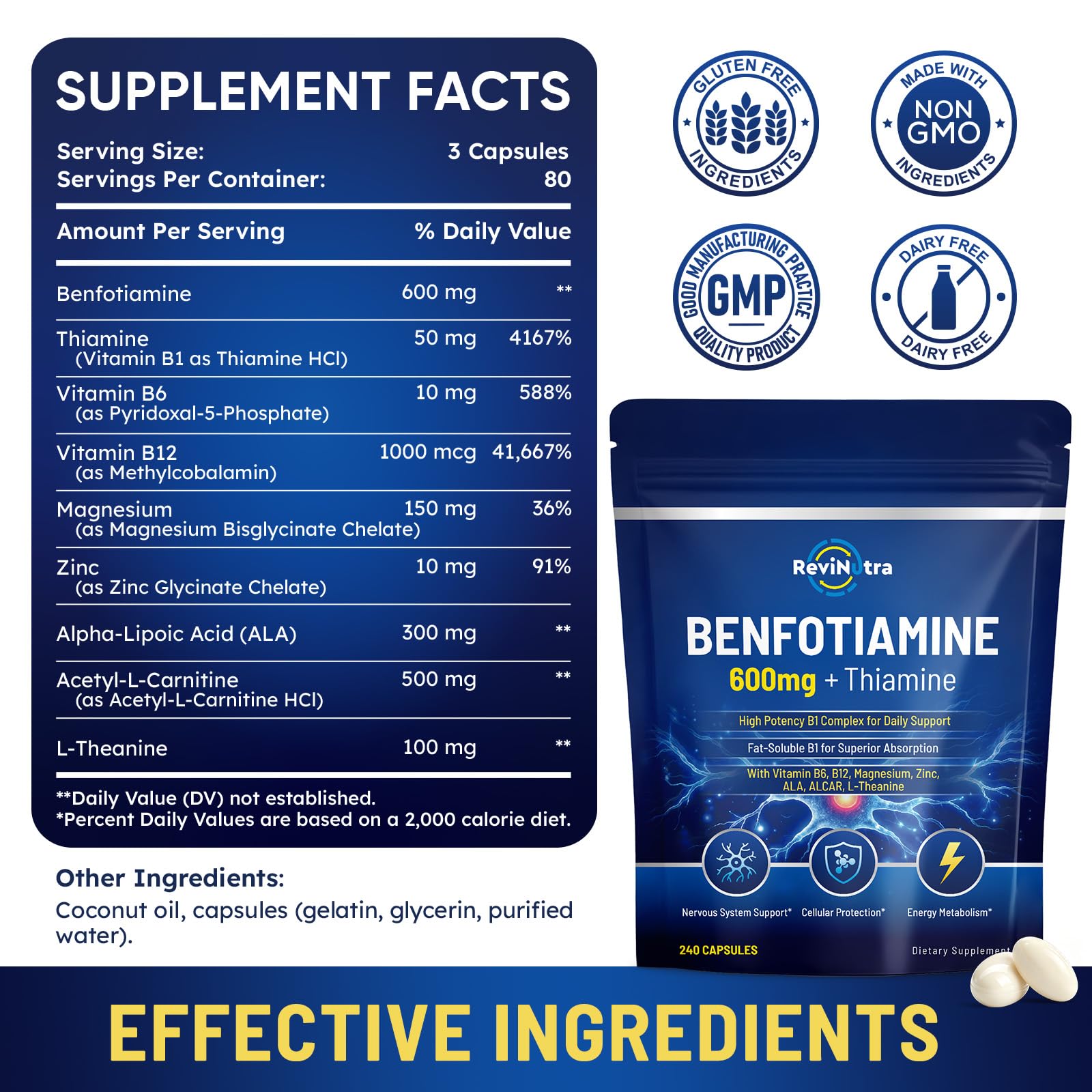Vitamin B1 Benfotiamine 600mg Capsules, Thiamine HCl Supplements with Magnesium, Zinc, L-Theanine, ALA, Acetyl-L-Carnitine for Energy & Nervous System Support, 240 Capsules — Amazon image 2