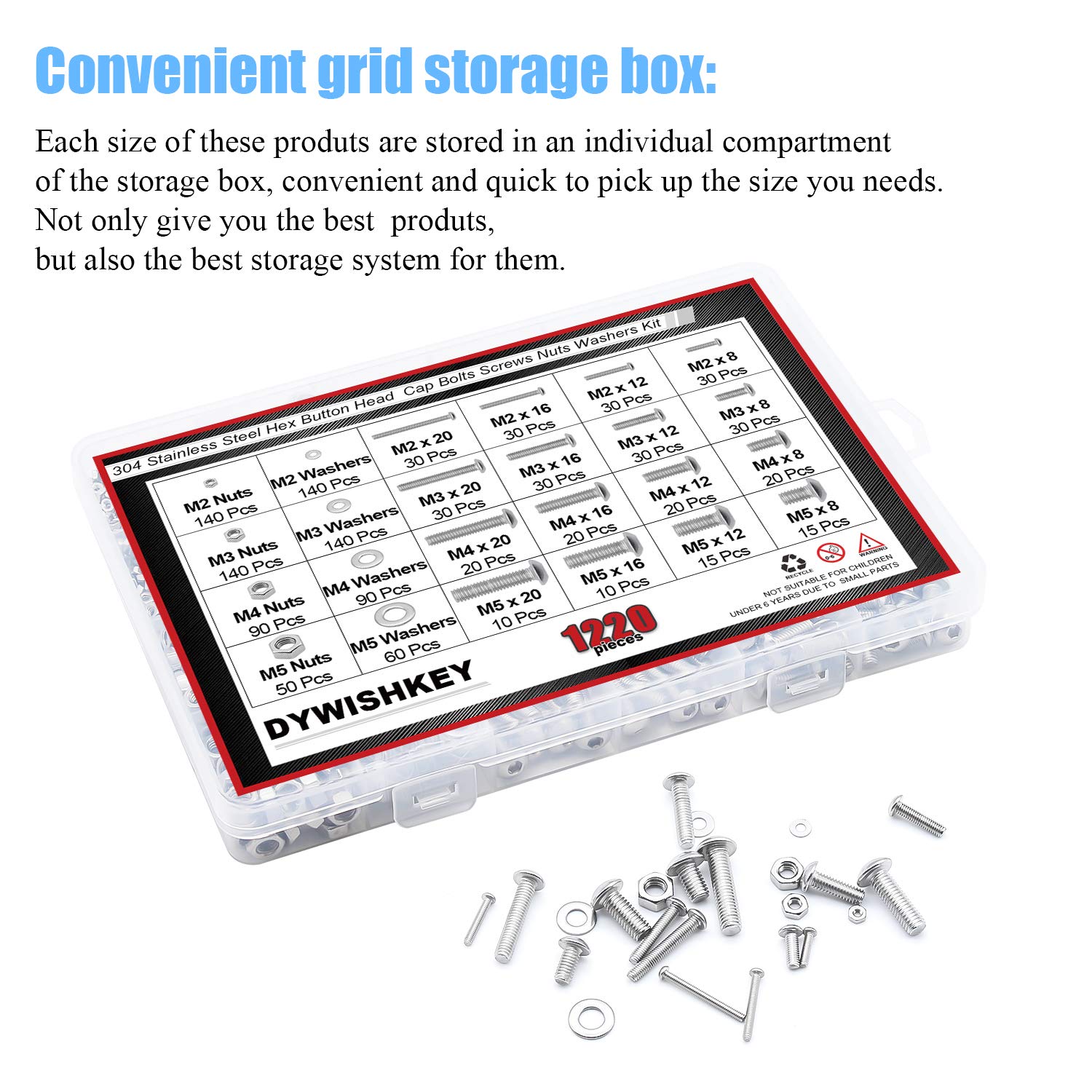 DYWISHKEY 1220 PCS M2 M3 M4 M5, 304 Stainless Steel Hex Button Head Cap Bolts Screws Nuts Washers Assortment Kit with Hex Wrenches