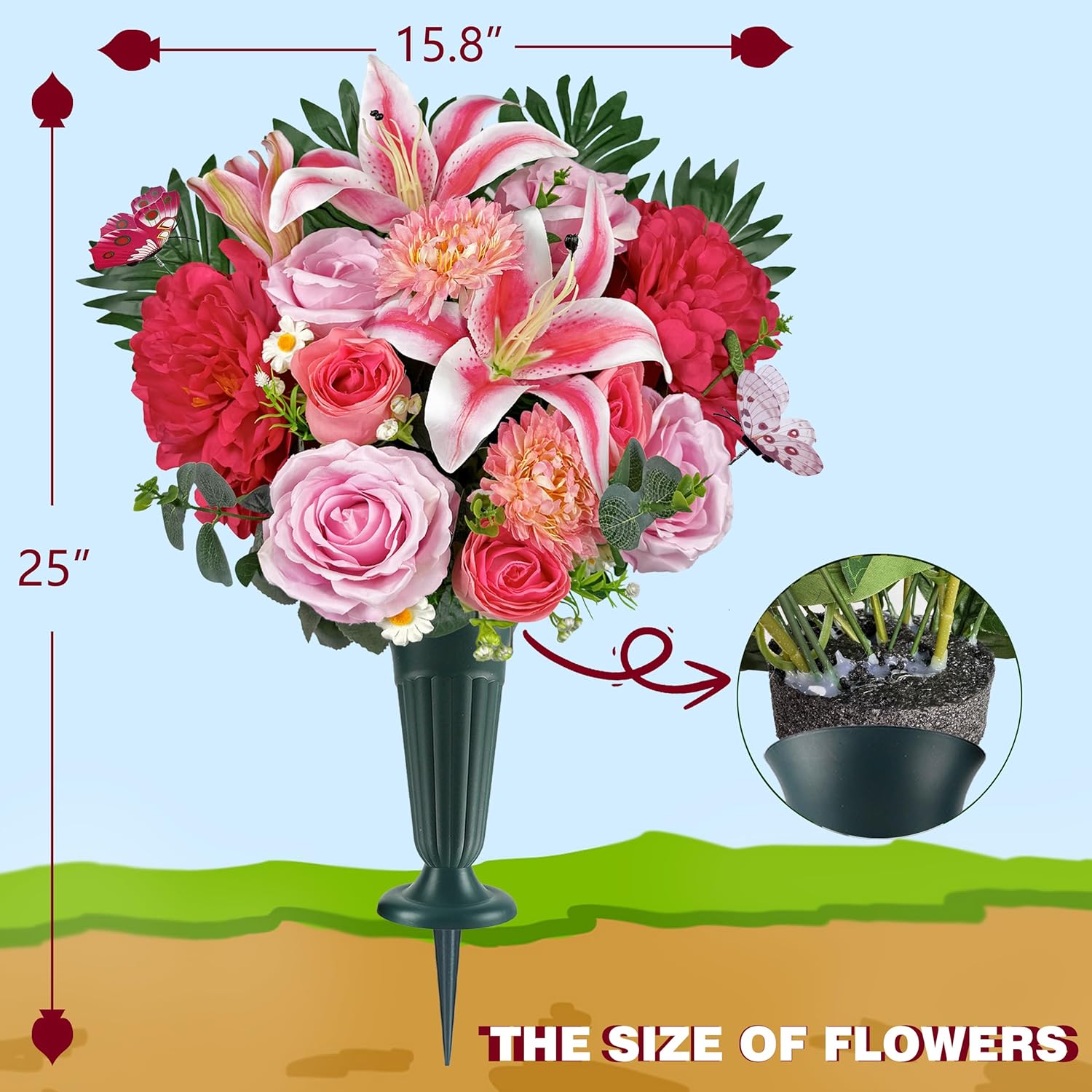 Long-Lasting Colorfast Cemetery Flowers with Grave Vase and Headstone Flower Saddle -Pink Roses for Headstone Decorations, Sympathy & Memorial Tributes