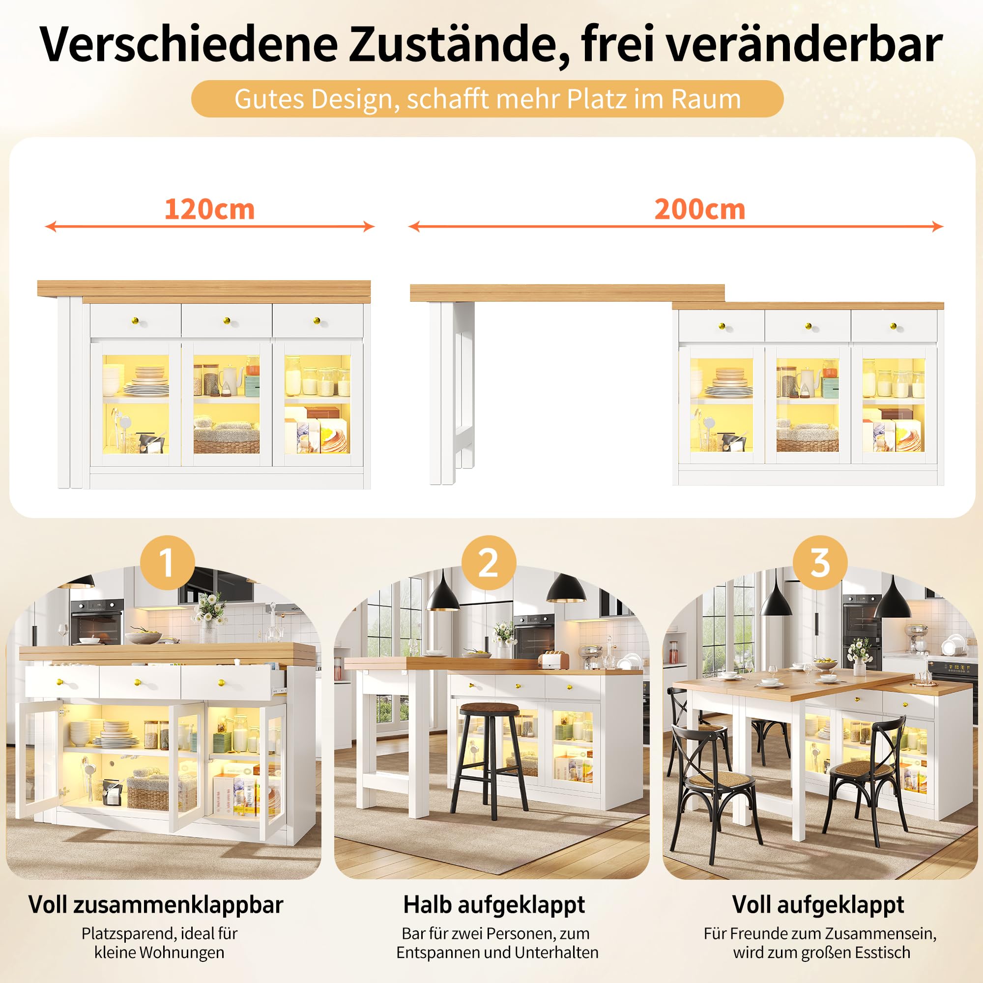 Tavolo da bar allungabile con vano portaoggetti, girevole a 360°, tavolo da pranzo pieghevole, 3 porte, 3 cassetti, isola da cucina, per soggiorno, sala da pranzo, 120-200 x 40 x 75,5 cm