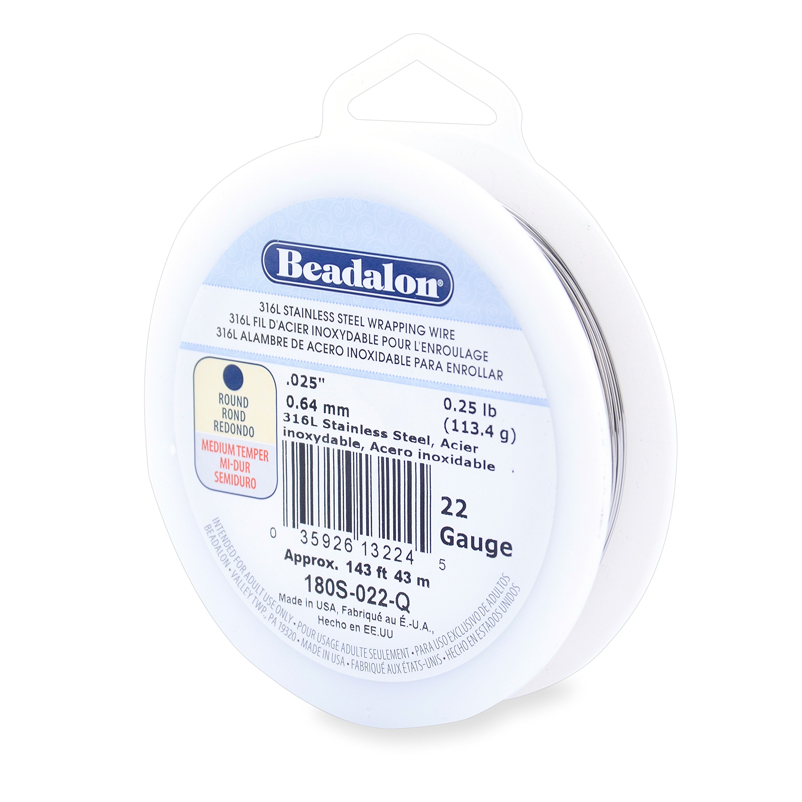 Beadalon Filo di Acciaio Inossidabile 316L, Metri, Rotondo, 22 Gauge, Rotondo, 143 Feet, 1/1,8 Kilogram
