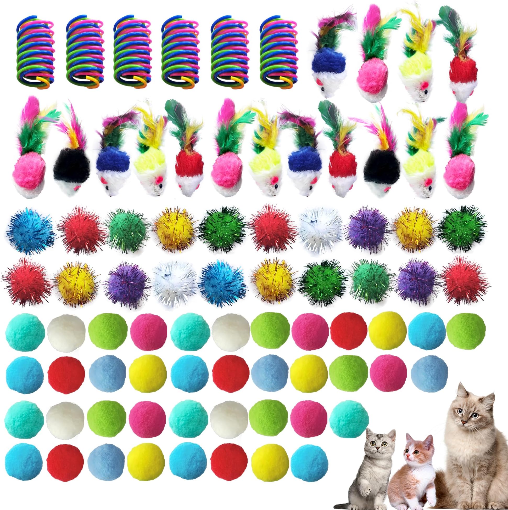 100Pcs Cat Toys Assortment for Indoor Cats, Interactive Kitten Toys Variety Pack with Mice Toys, Sparkle Balls, Soft Pom Poms & Spring Toys, Kitten Starter Kit for Boredom & Exercise