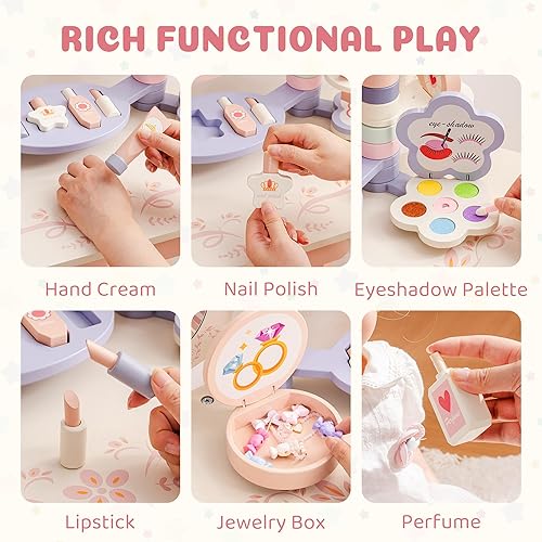 Miniatura 4 de ROBOTIME Juego de tocador para niños con espejo y taburete, mesa de maquillaje rosa de madera con 11 accesorios, tocador de belleza con espejos,