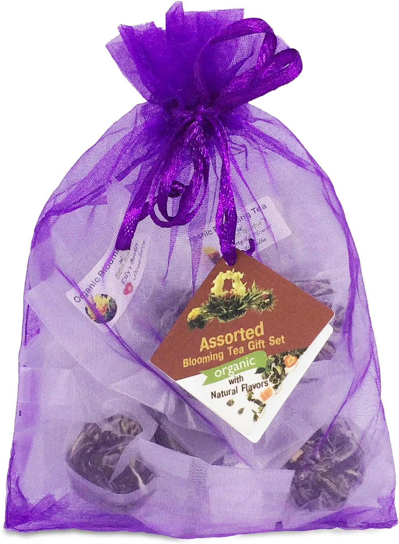 14 Blooming Flower Green Tea Balls Gift Bag - Organic, 100% Natural, Raw Assorted with natural flavors of strawberry, peach, melon, orange, mango, jasmine and vanilla extract