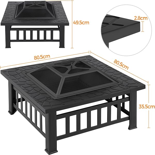 Yaheetech Outdoor Fire Pit 81cm Square Fire pits 3-in-1 Heat-resistant Metal Garden Stove for Barbecue, Heating, Cooling Drinks with Cover & Poker, Black - 4